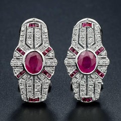 Oval Red Pink Ruby & Diamond Art Deco Style Omega Back 14K White Gold Earrings