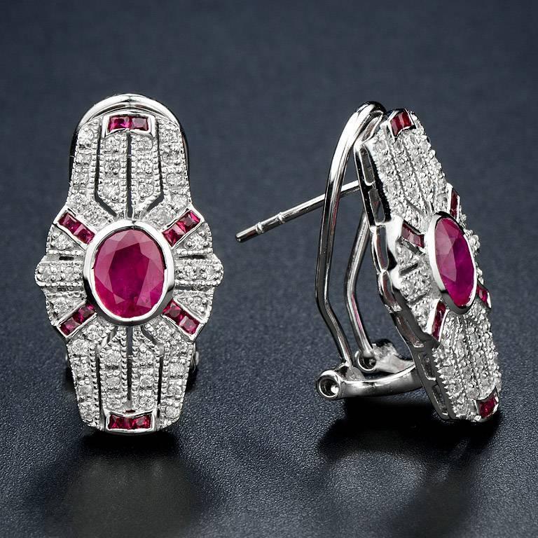 Oval Cut Oval Red Pink Ruby & Diamond Art Deco Style Omega Back 14K White Gold Earrings For Sale