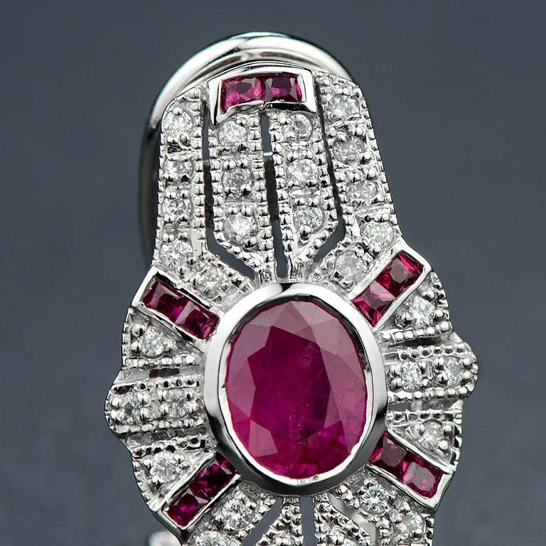 Oval Red Pink Ruby & Diamond Art Deco Style Omega Back 14K White Gold Earrings In New Condition For Sale In Oakton, VA