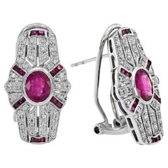 Oval Red Pink Ruby & Diamond Art Deco Style Omega Back 14K White Gold Earrings