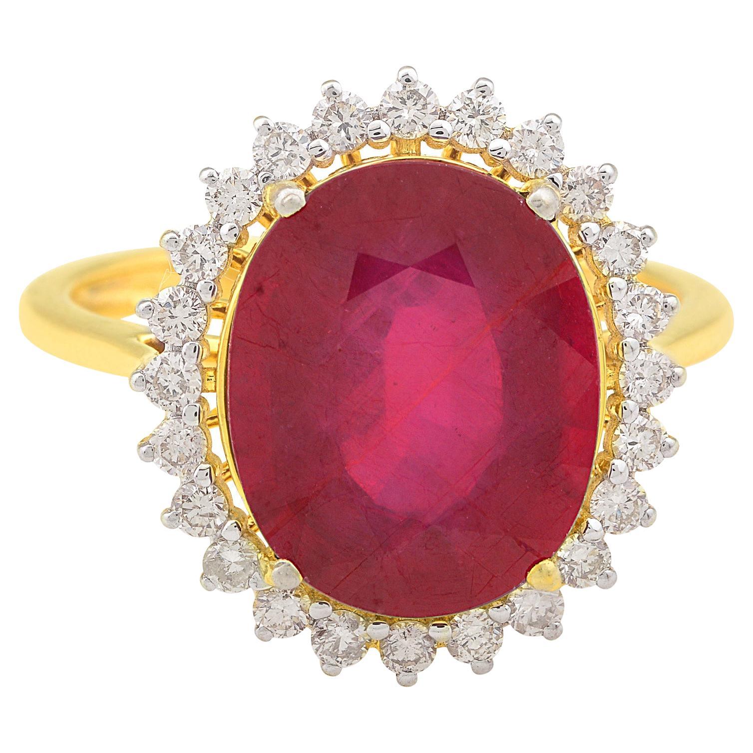 For Sale:  Oval Red Processed Gemstone Ring Diamond Solid 10K Yellow Gold Diamond Jewelry