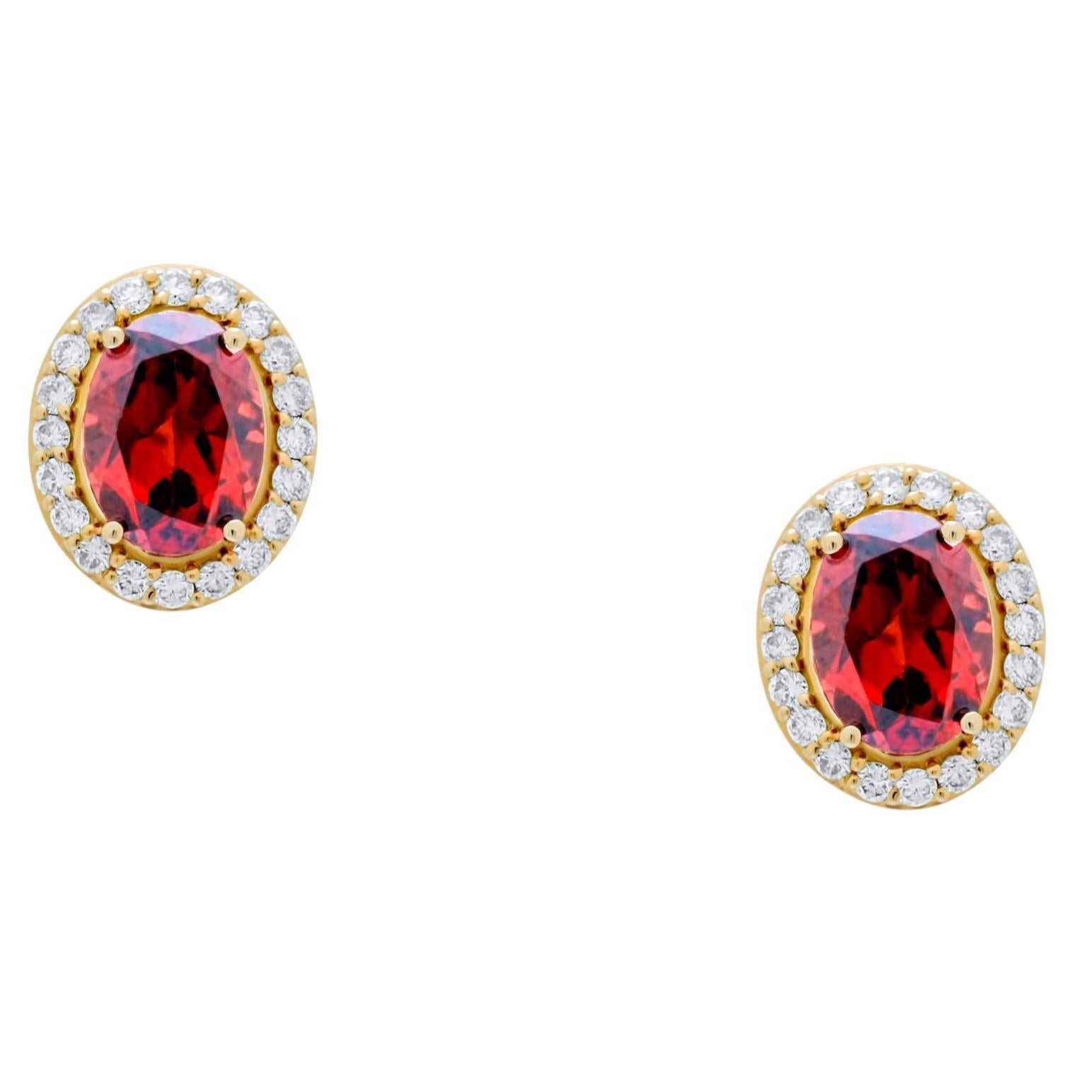 Oval Red Rhodolite Garnet Diamond Halo 18 Karat Rose Gold Stud Romance Earrings For Sale