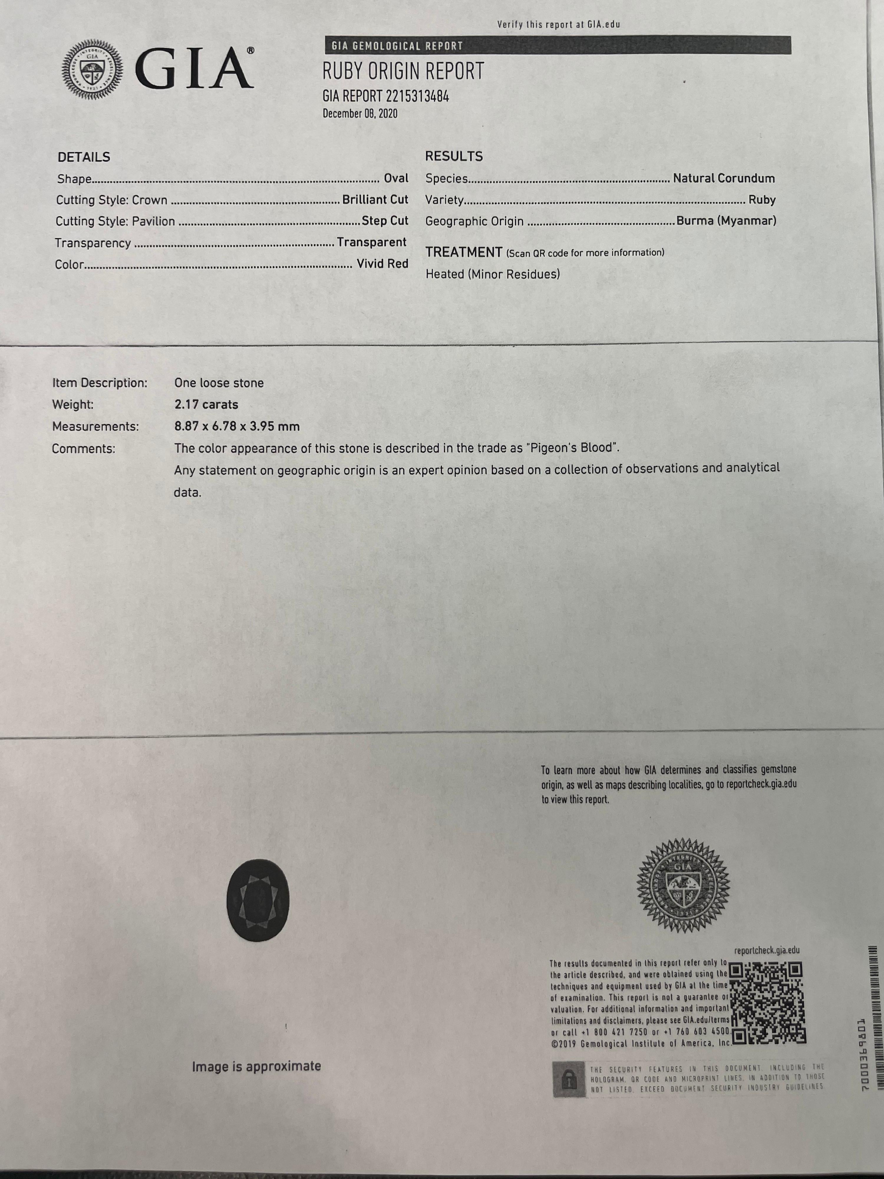 Rubino rosso ovale certificato GRS e GIA 2,17 carati Birmania 8,80 x 6,70 mm 4
