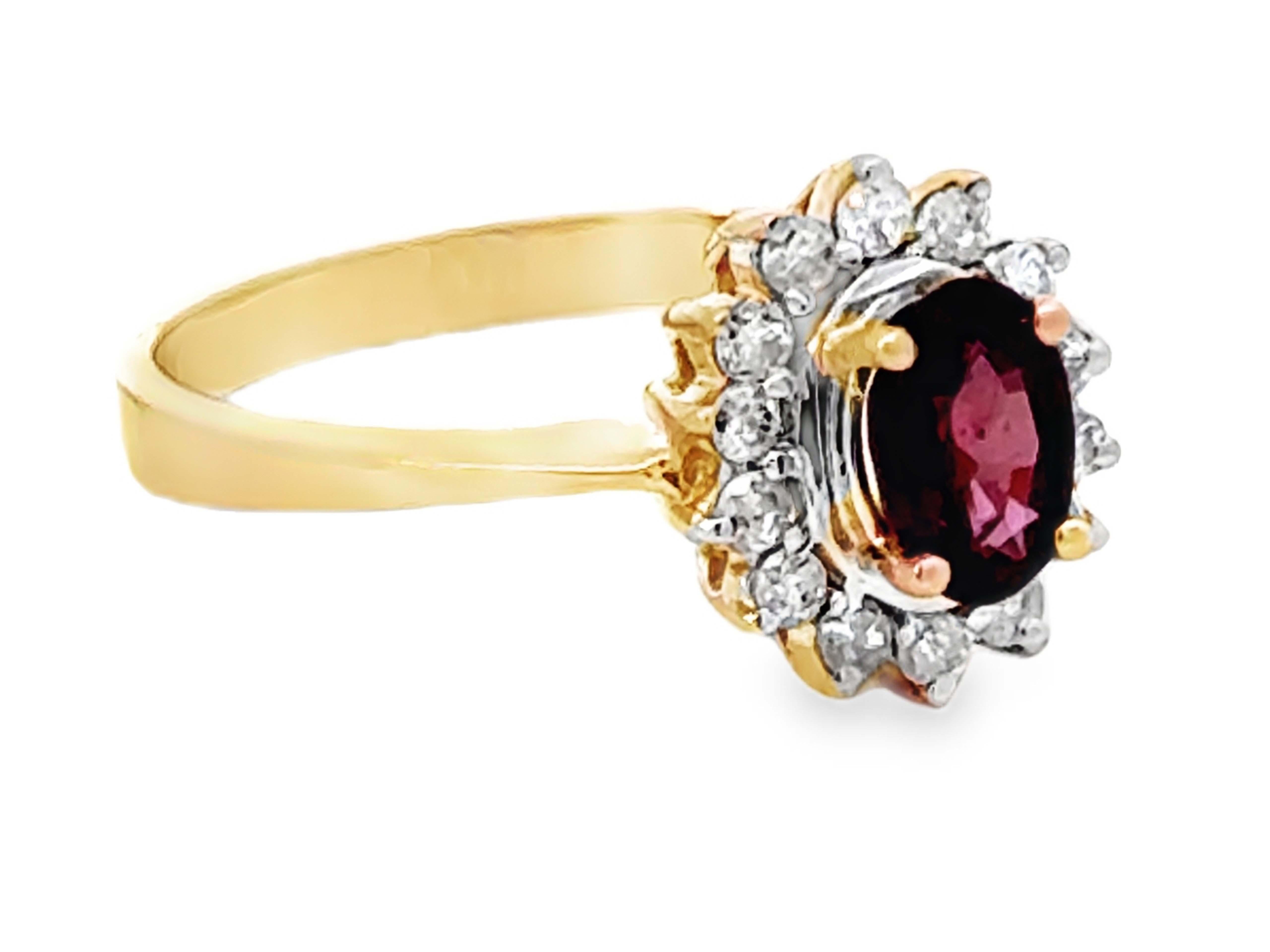Modern Oval Red Ruby and Diamond Halo Ring 14k Yellow Gold For Sale