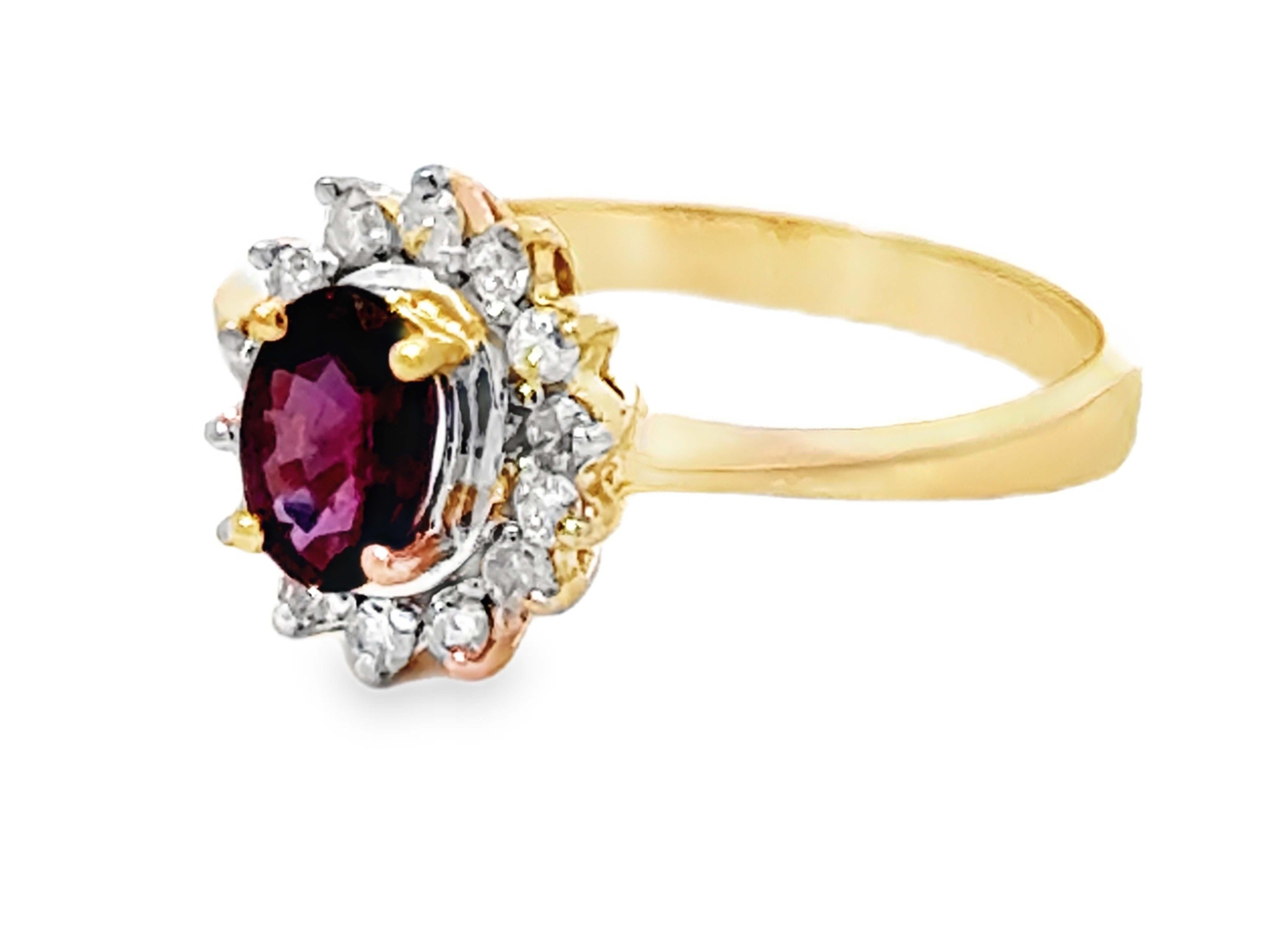 Marquise Cut Oval Red Ruby and Diamond Halo Ring 14k Yellow Gold For Sale