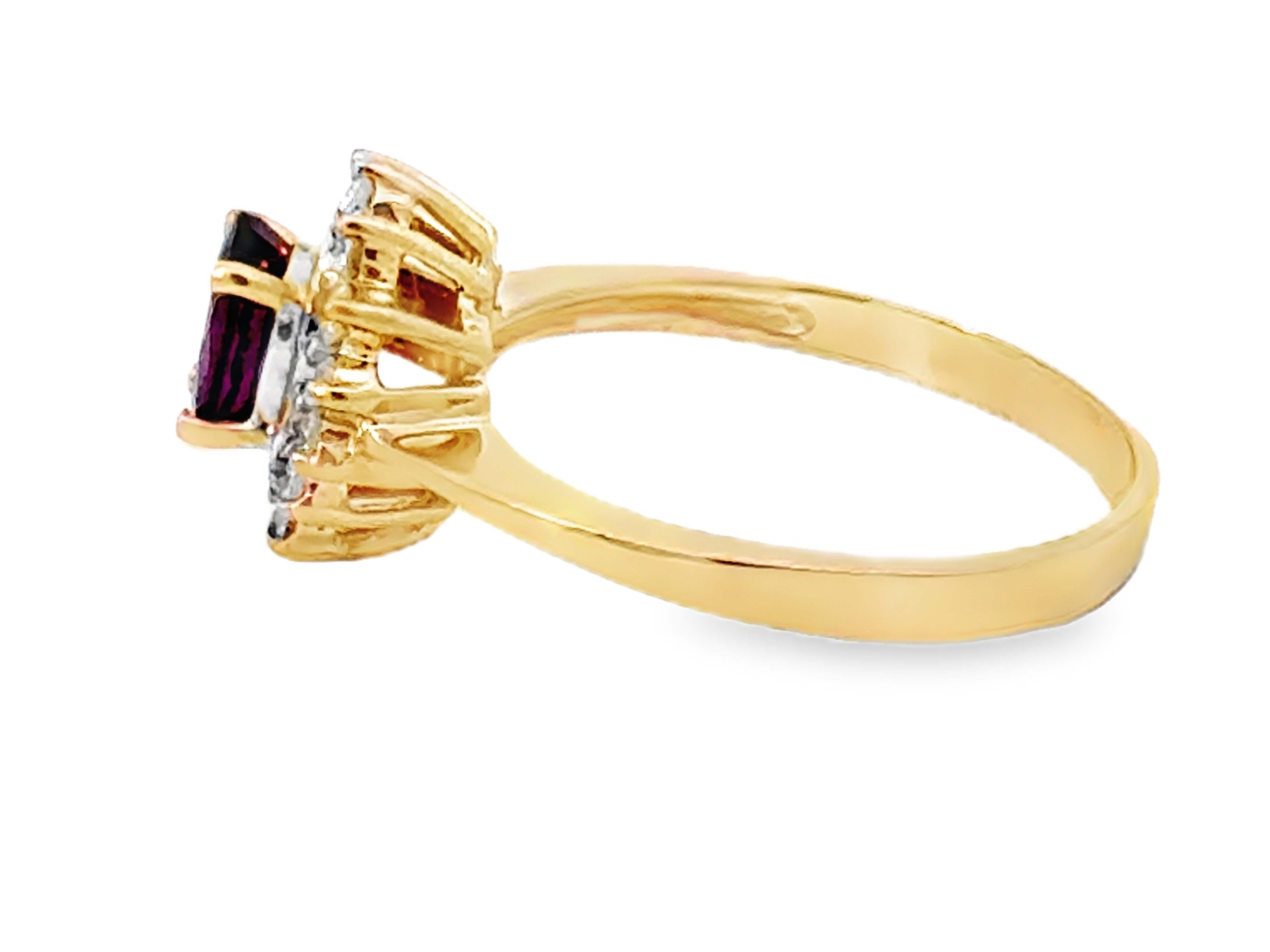 Women's Oval Red Ruby and Diamond Halo Ring 14k Yellow Gold For Sale