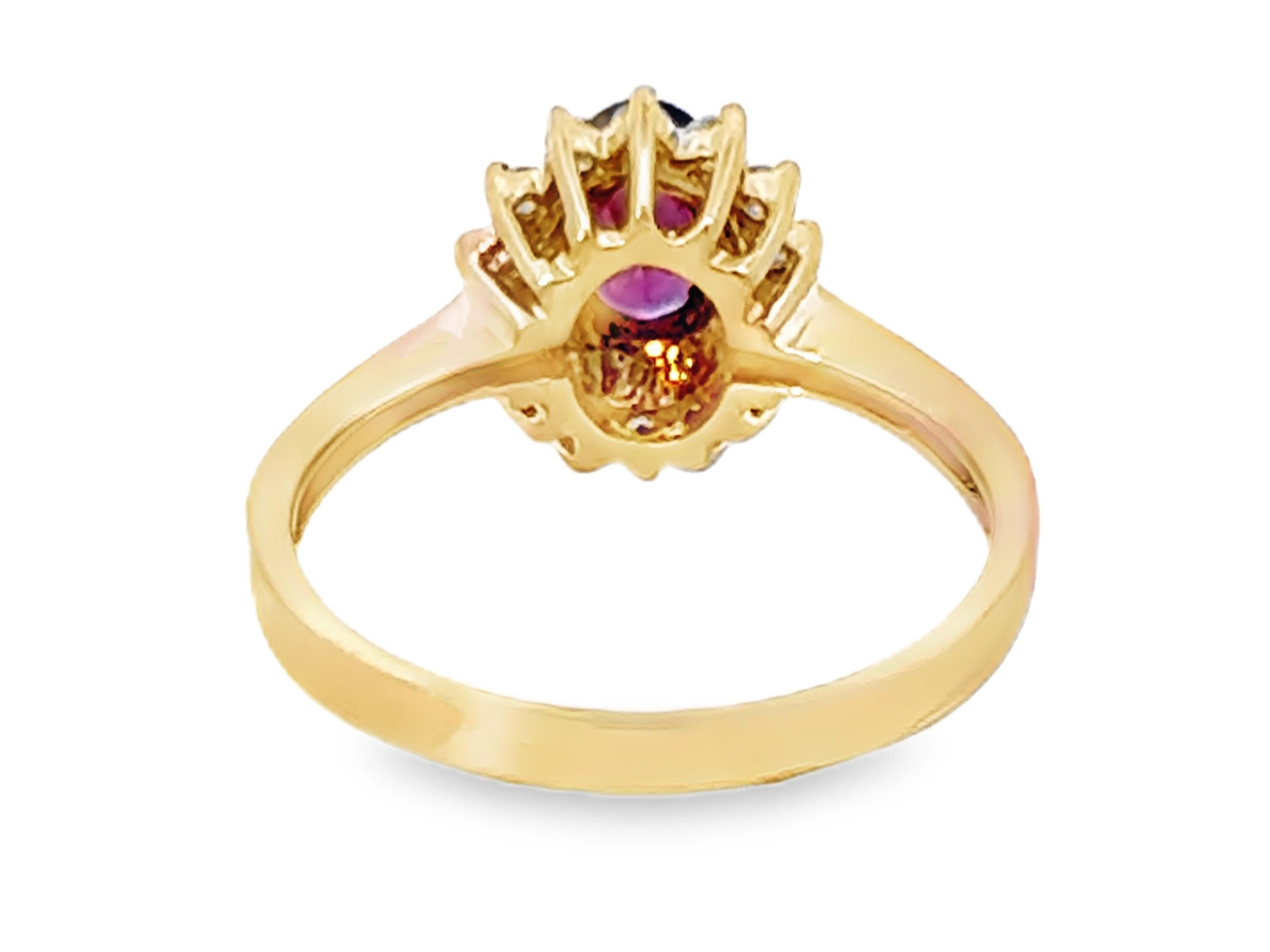 Oval Red Ruby and Diamond Halo Ring 14k Yellow Gold For Sale 1