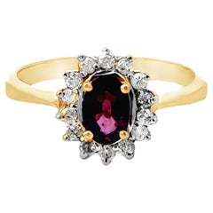 Oval Red Ruby and Diamond Halo Ring 14k Yellow Gold