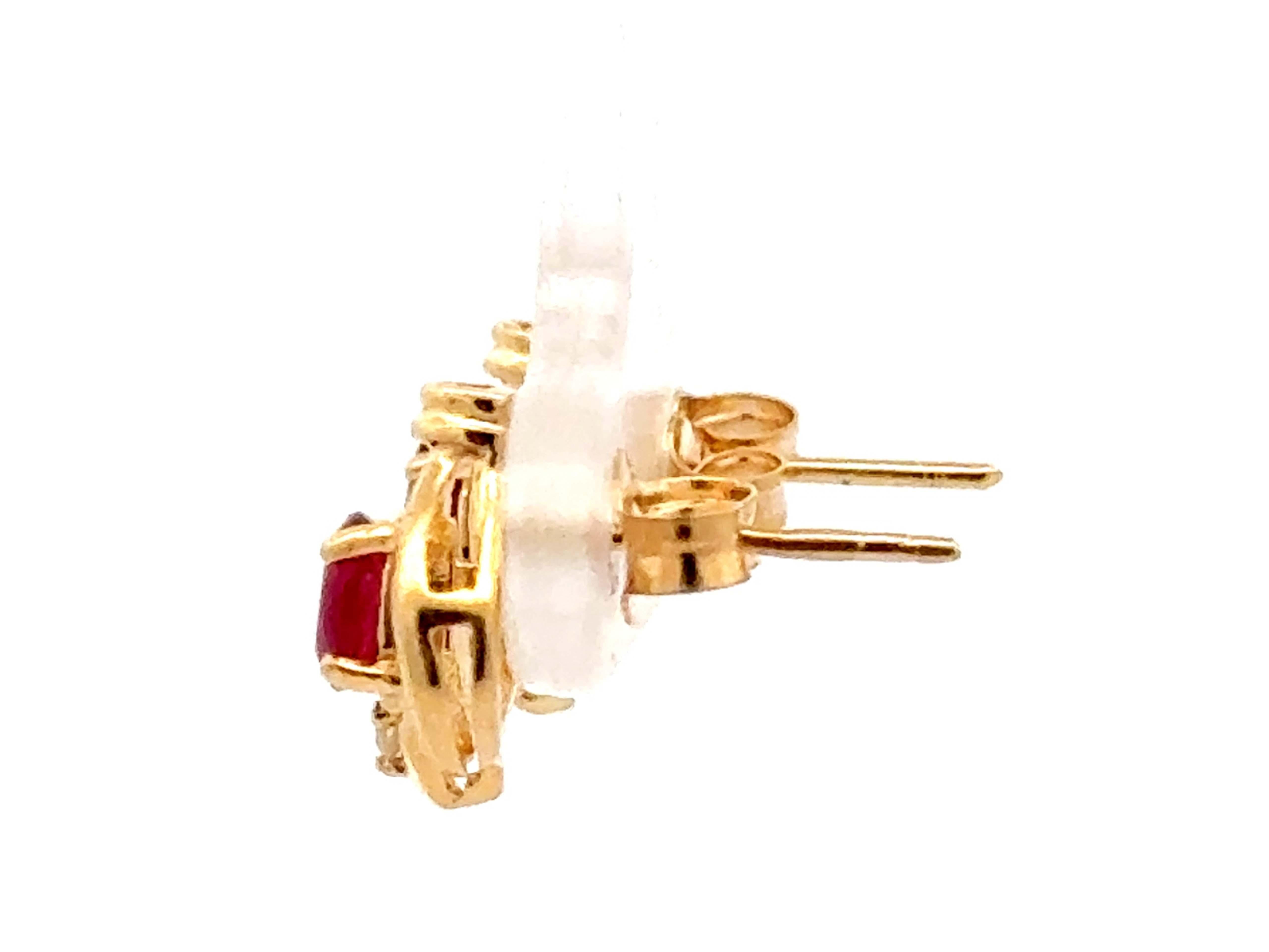 Women's Oval Red Ruby and Diamond Stud Earrings 14k Yellow Gold For Sale