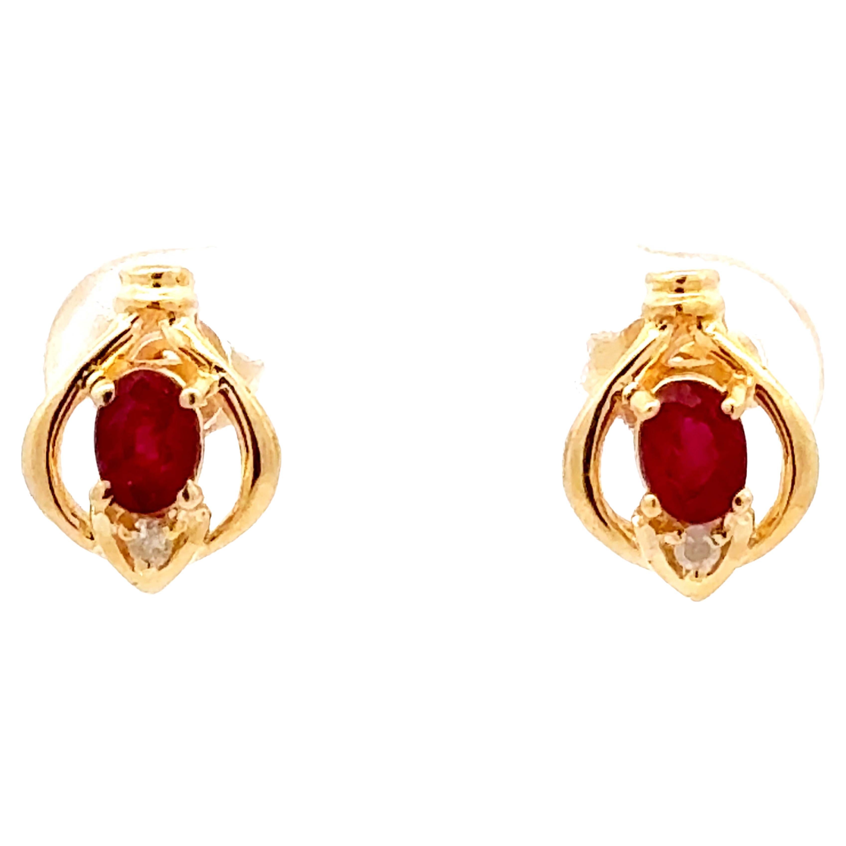 Oval Red Ruby and Diamond Stud Earrings 14k Yellow Gold