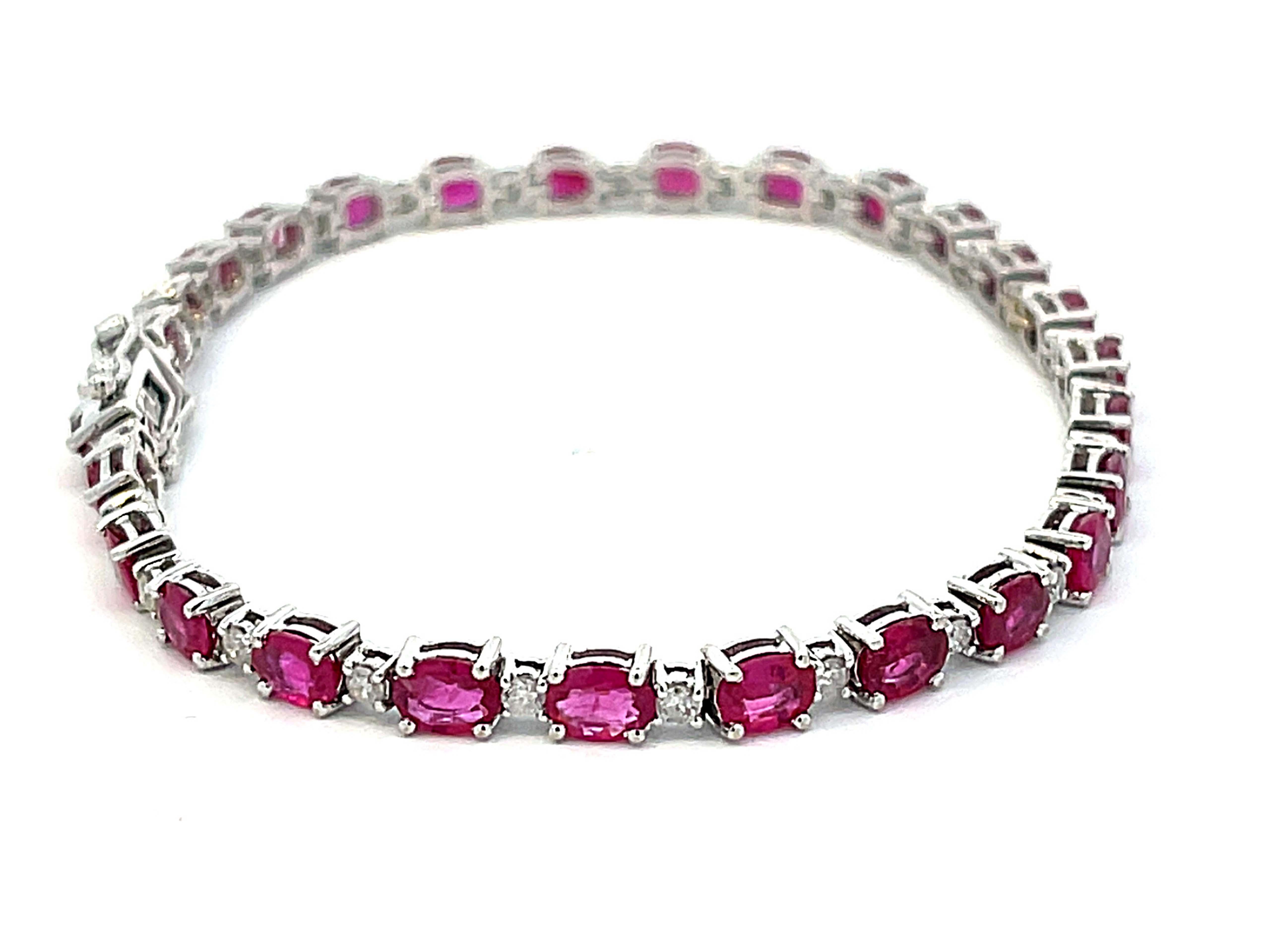 Brilliant Cut Oval Red Ruby and Diamond Tennis Bracelet in 14k White Gold
