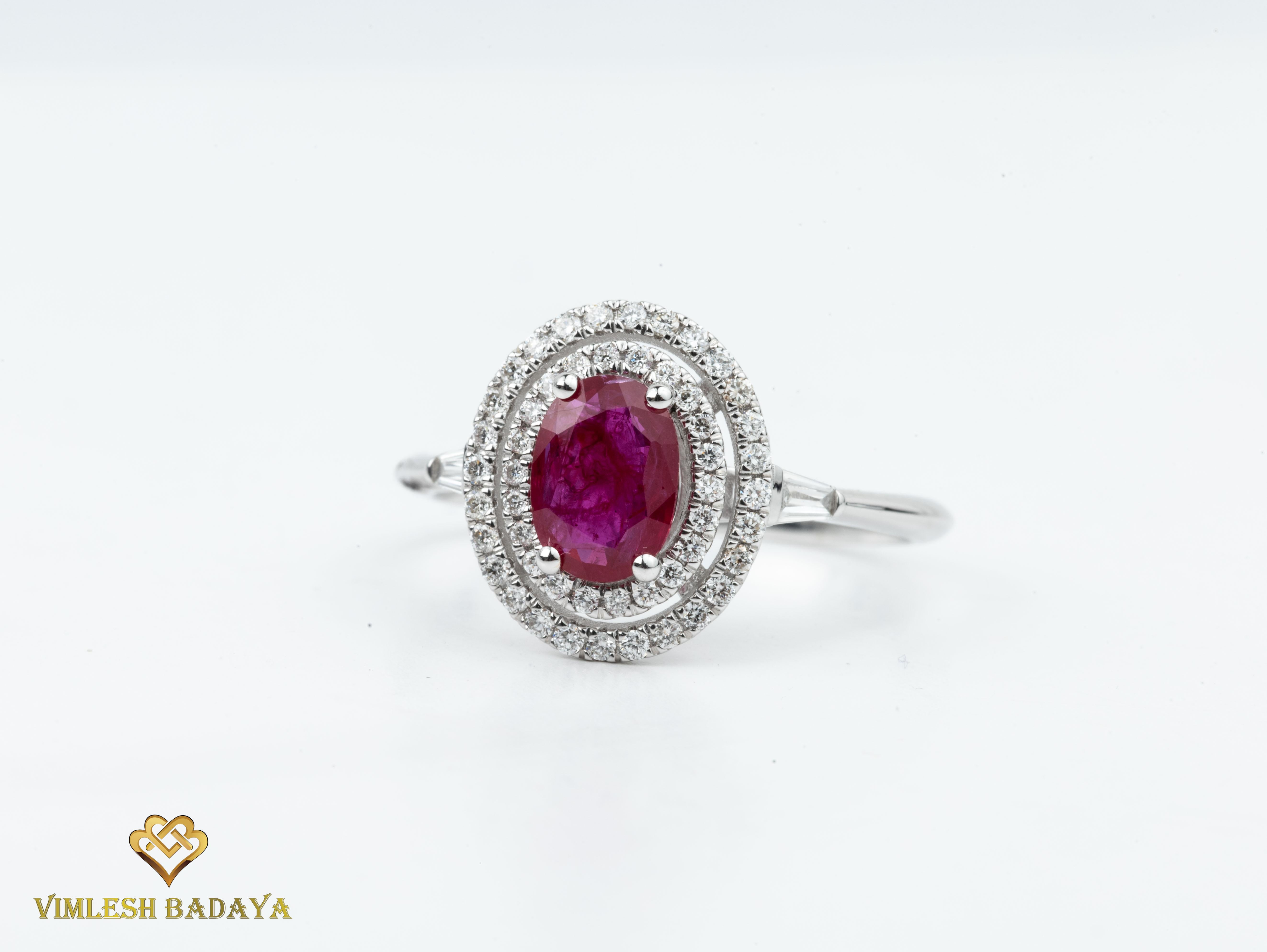 Oval Red Ruby Diamond Baguette Round Cut Double Halo Engagement Ring 18k White 

Available in 18k white gold.

Same design can be made also with other custom gemstones per request.

Product details:

- Solid gold

- Diamond - approx. 0.29 carat

-