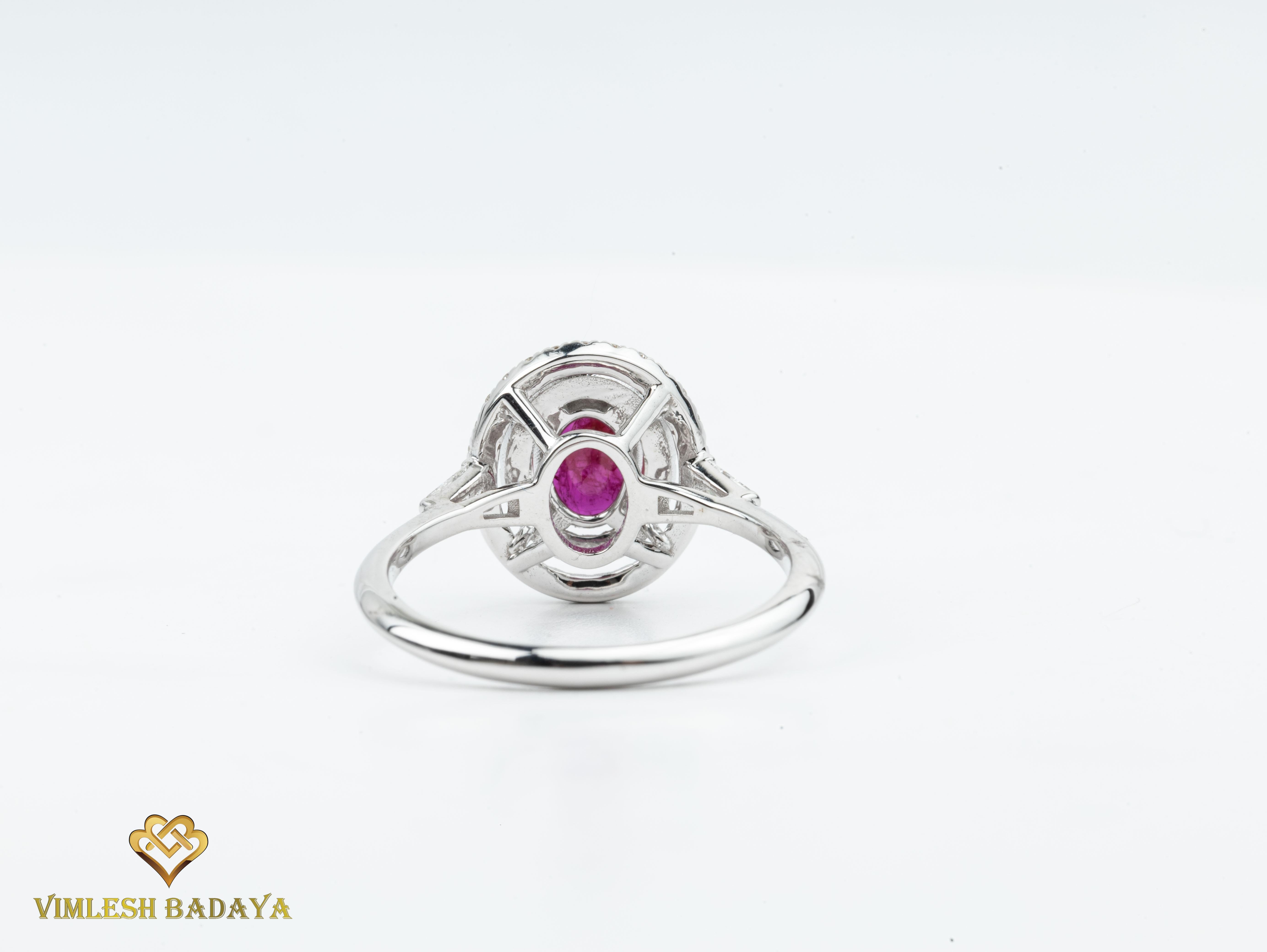 Oval Red Ruby Diamond Baguette Round Cut Double Halo Engagement Ring 18k White  In New Condition For Sale In Jaipur, RJ