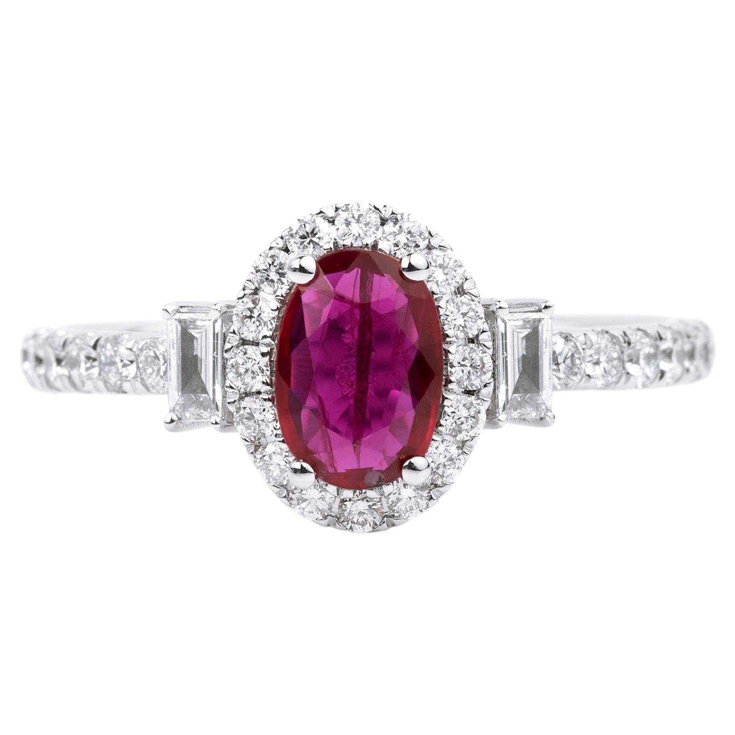 Oval Red Ruby Diamond Baguette Round Cut Halo Engagement Ring For Sale