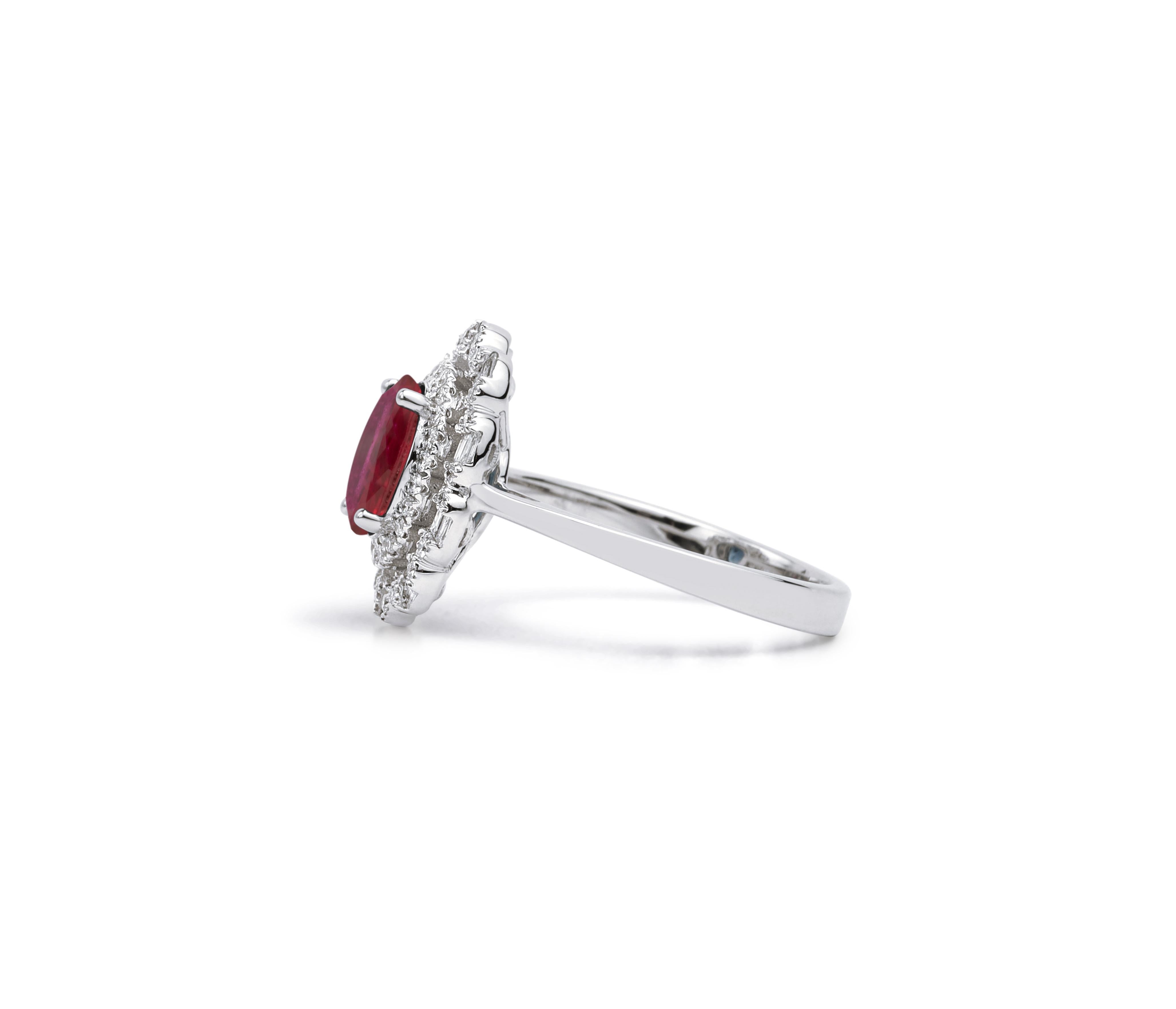 Oval Red Ruby Diamond Halo Cocktail Engagement Ring in 18 karat White Gold

Available in 18k white gold.

Same design can be made also with other custom gemstones per request.

Product details:

- Solid gold

- Diamond - approx. 0.4 carat

- Ruby -