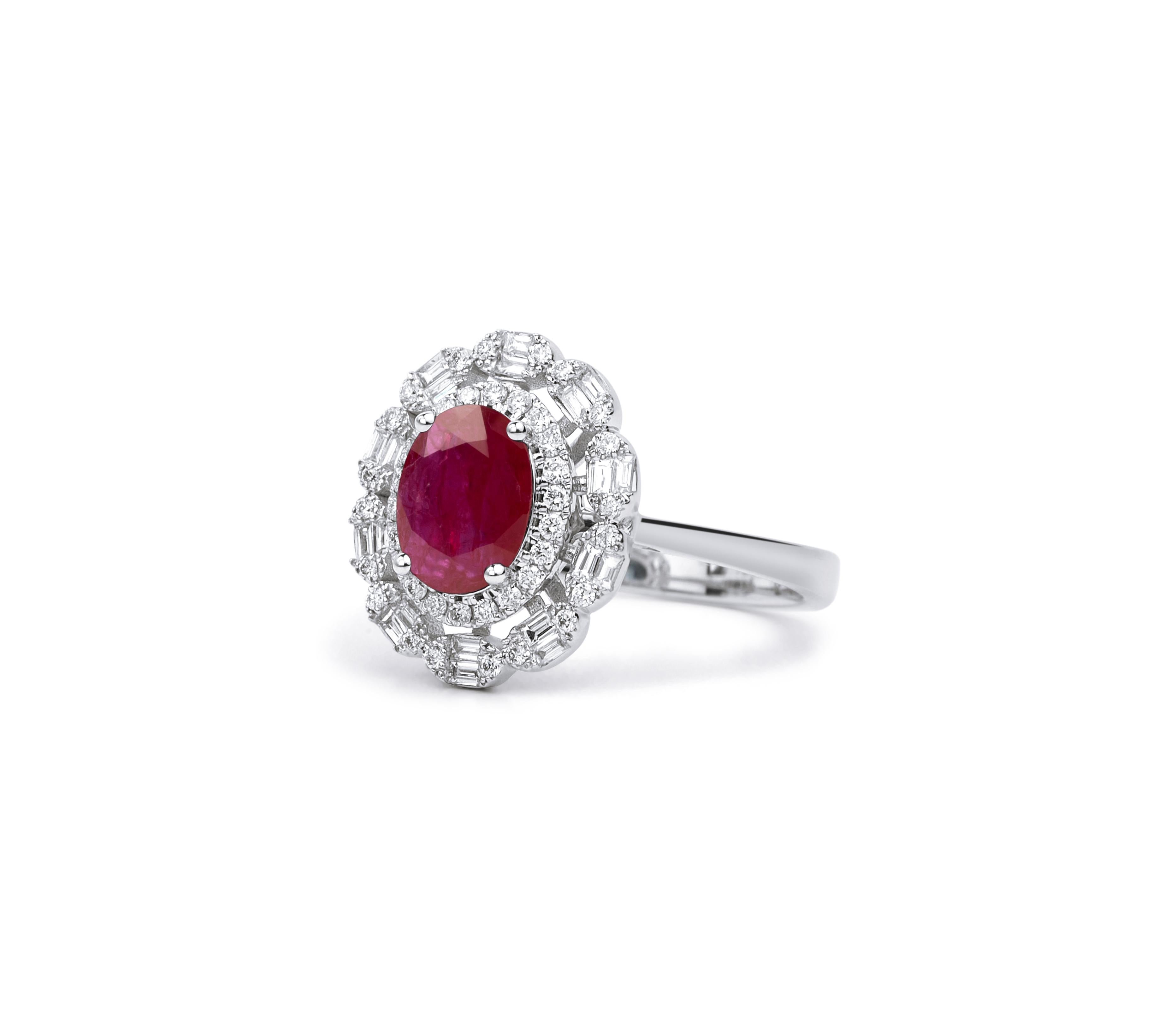 Art Deco Oval Red Ruby Diamond Halo Cocktail Engagement Ring in 18 karat White Gold For Sale