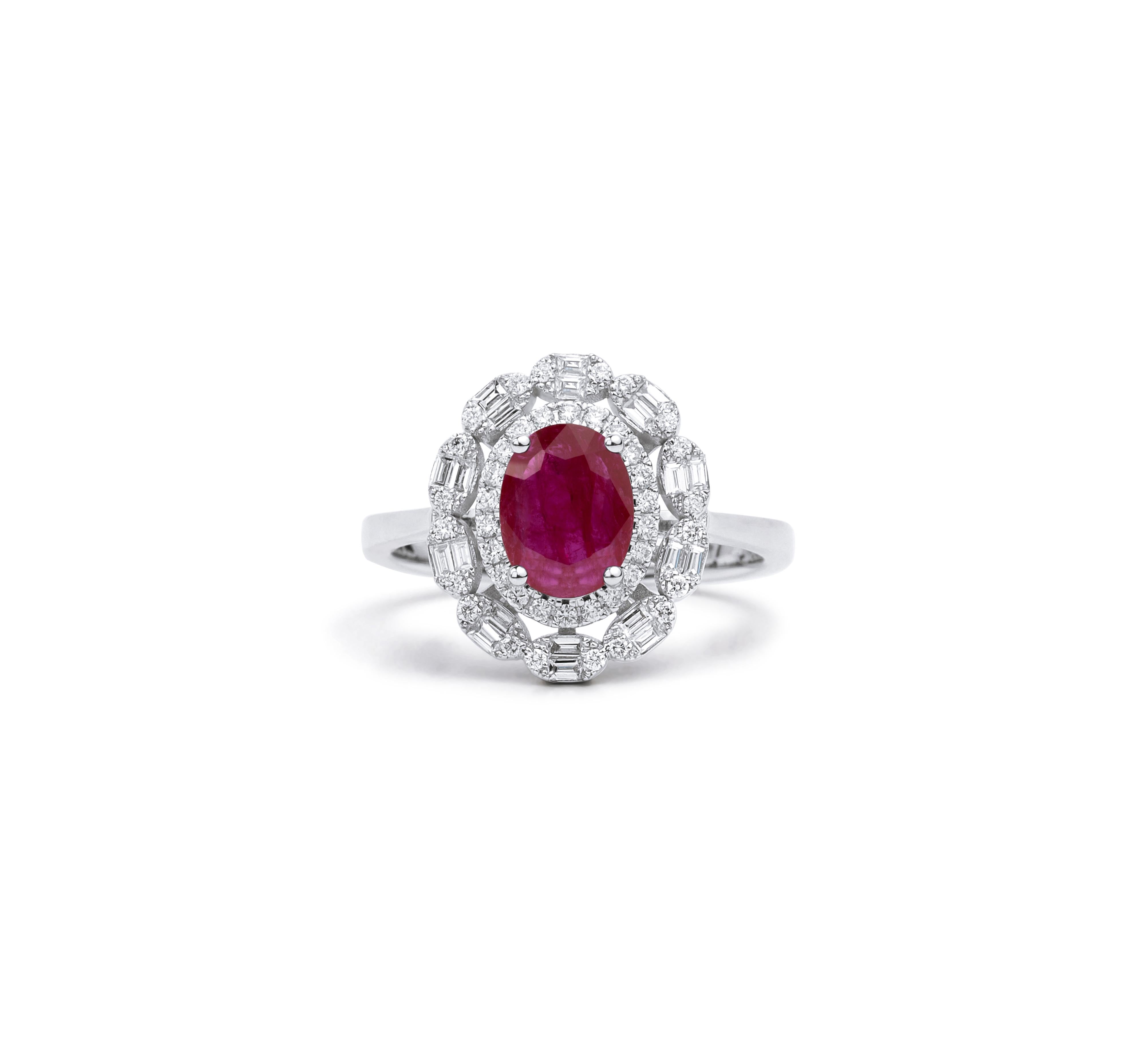 Oval Cut Oval Red Ruby Diamond Halo Cocktail Engagement Ring in 18 karat White Gold For Sale