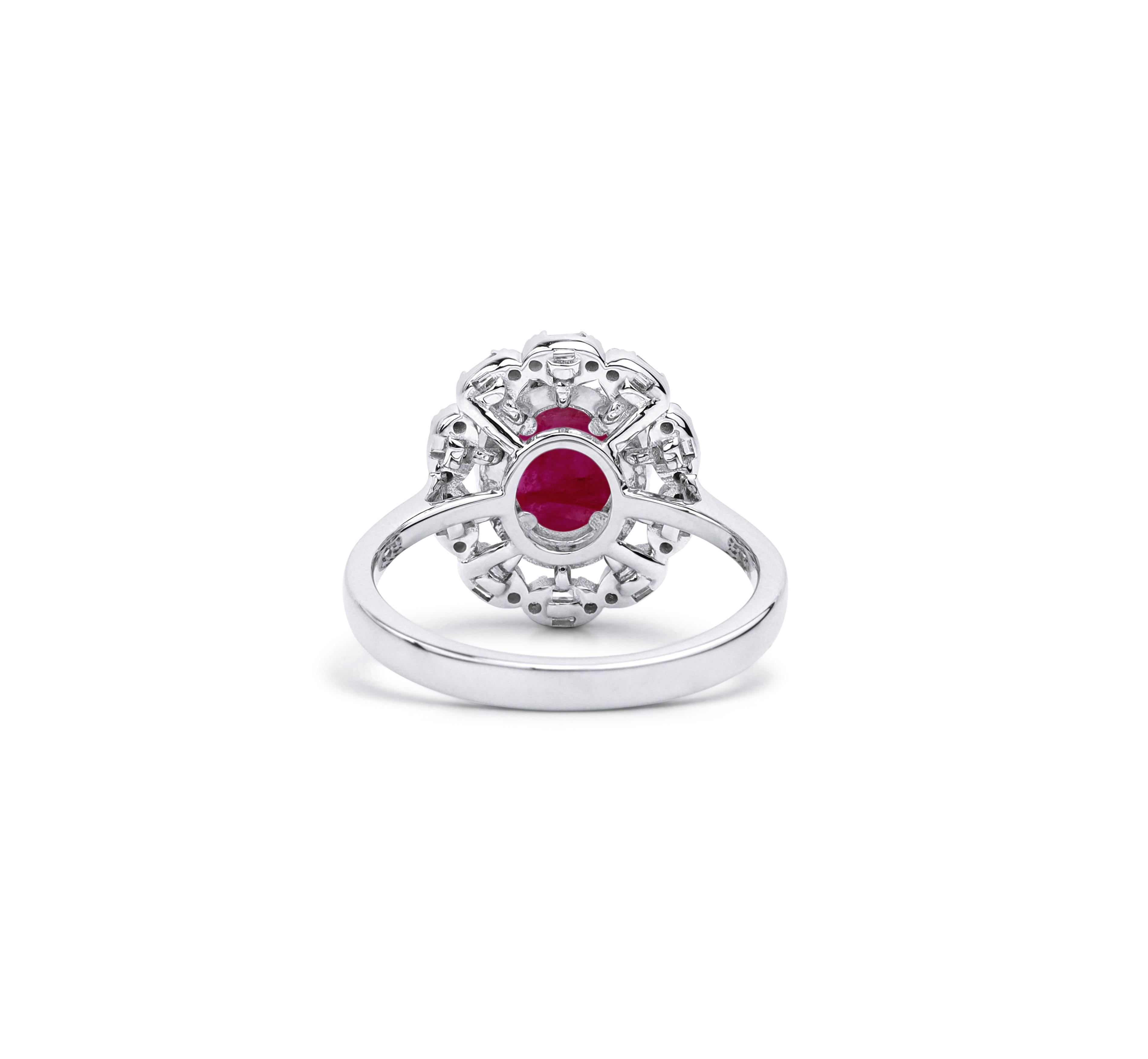 Oval Red Ruby Diamond Halo Cocktail Engagement Ring in 18 karat White Gold In New Condition For Sale In Jaipur, RJ