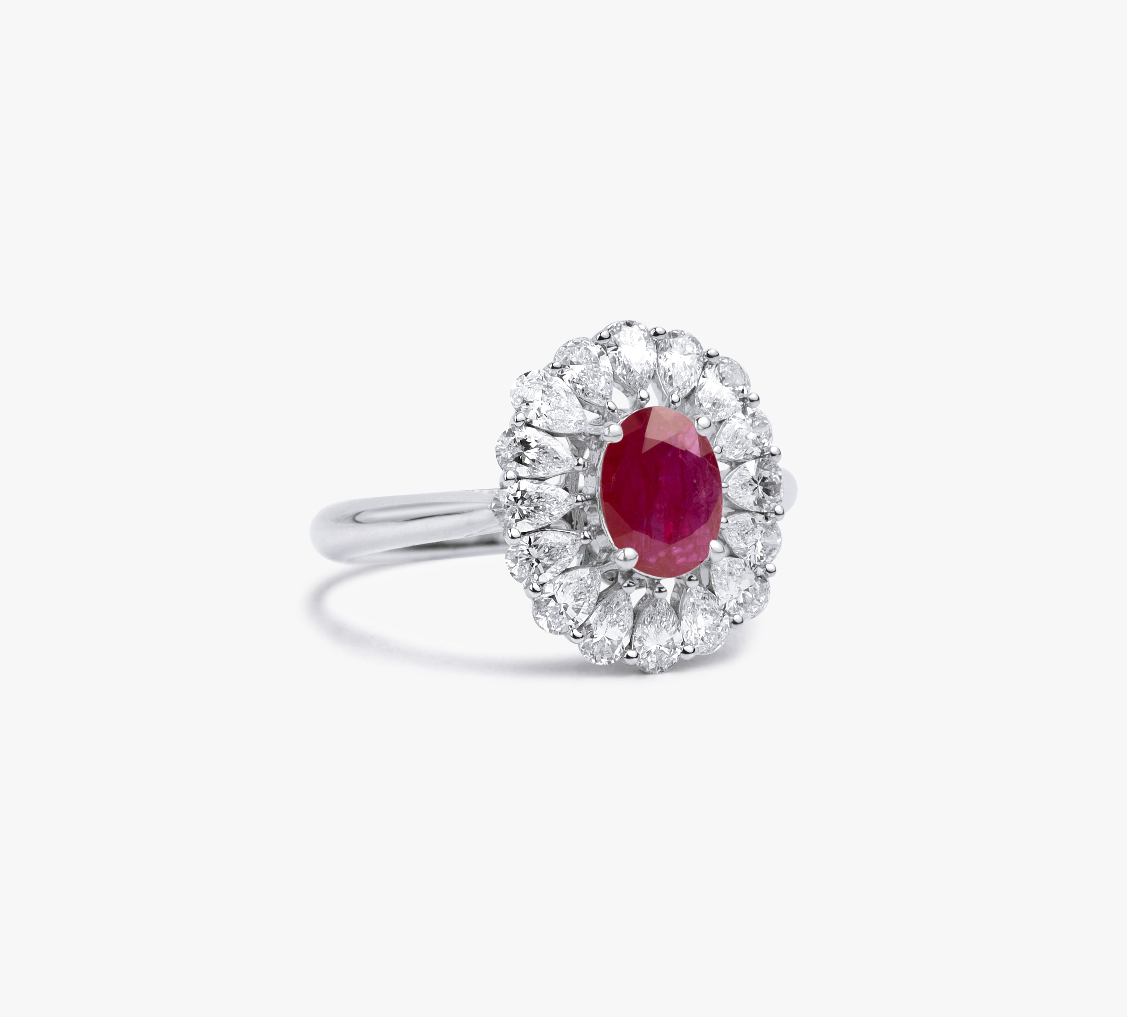 Art Deco Oval Red Ruby Diamond Pear Cut Halo Cocktail Engagement Ring in White Gold For Sale