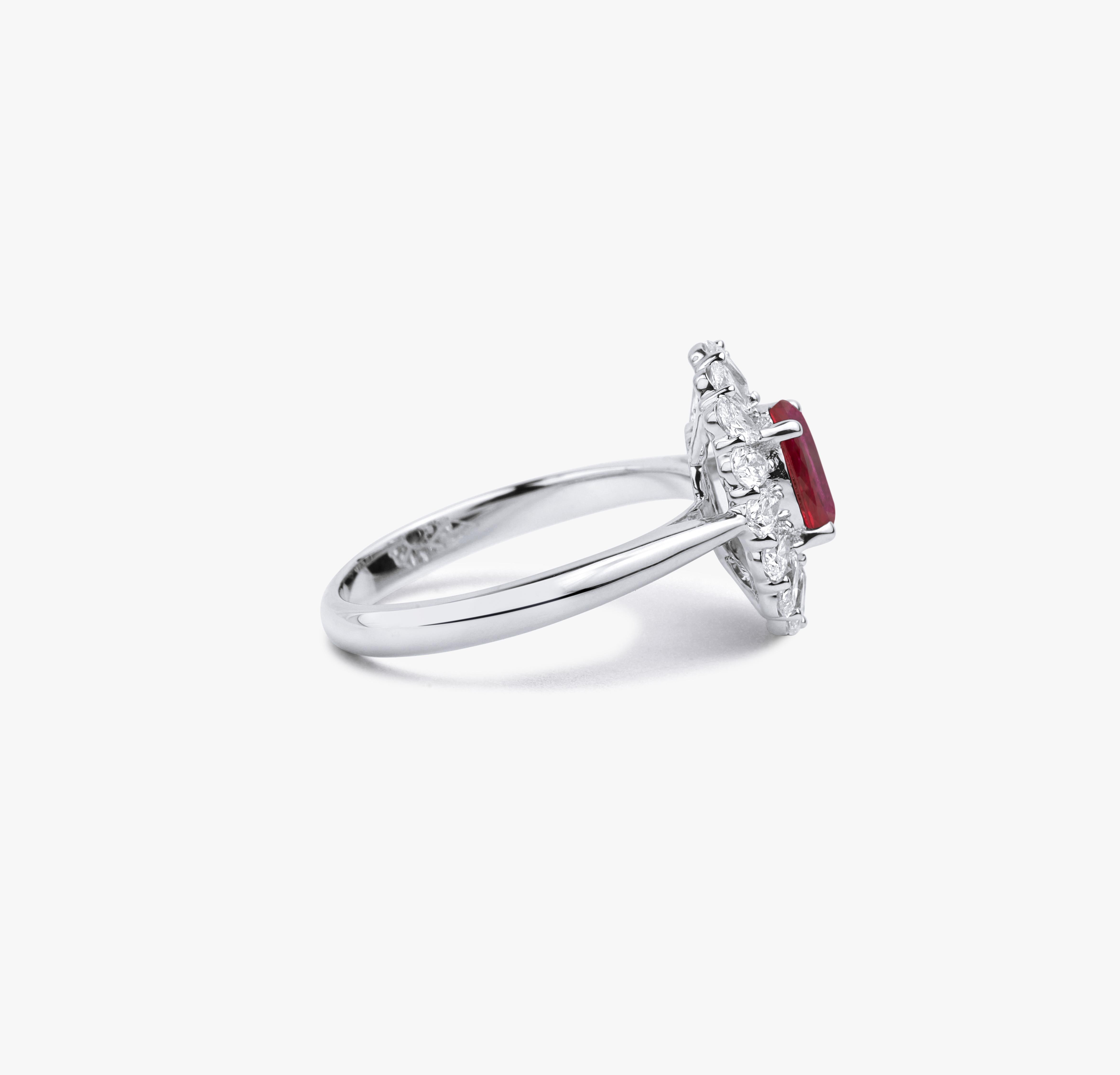 Oval Cut Oval Red Ruby Diamond Pear Cut Halo Cocktail Engagement Ring in White Gold For Sale