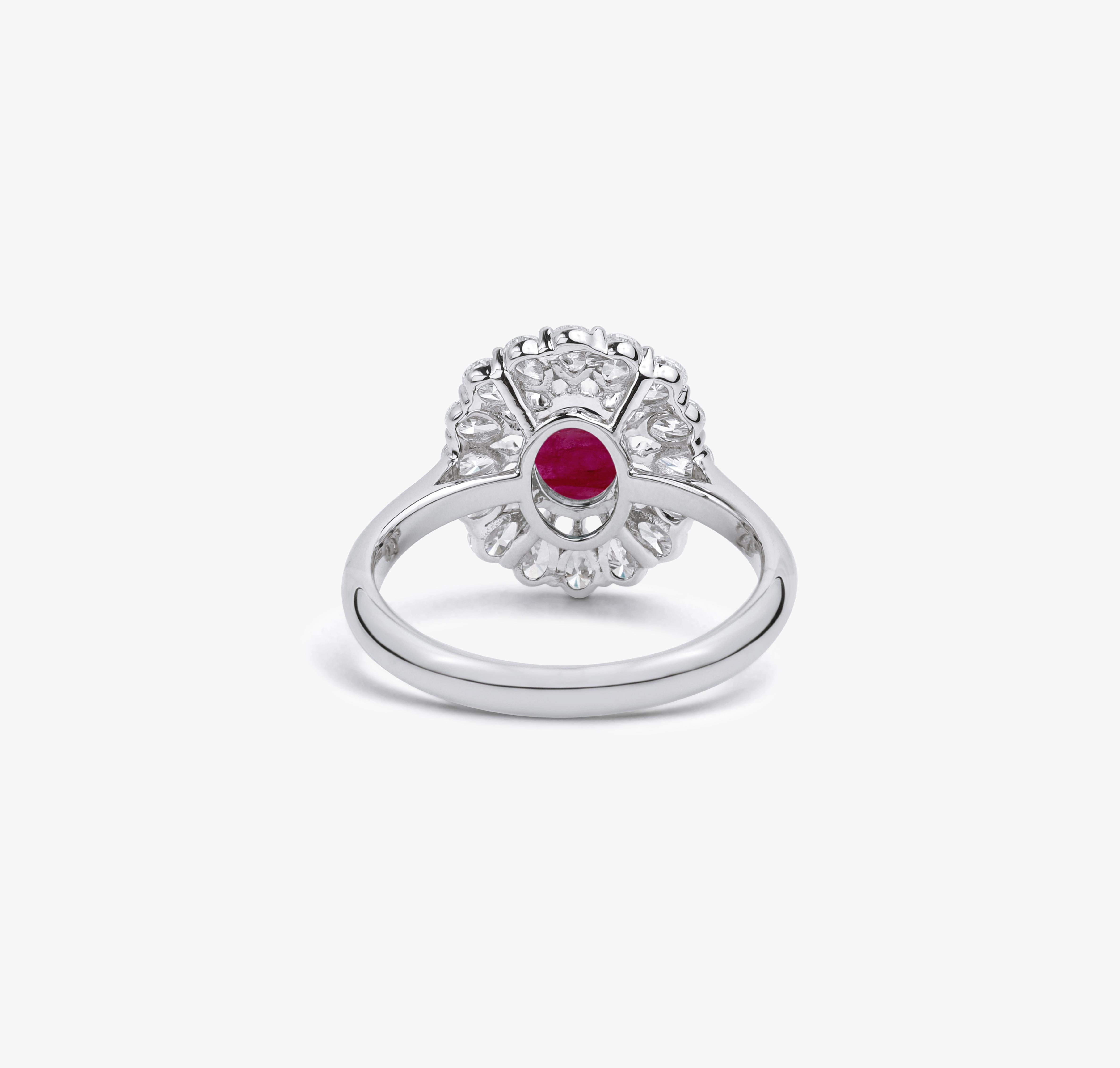 Oval Red Ruby Diamond Pear Cut Halo Cocktail Engagement Ring in White Gold In New Condition For Sale In Jaipur, RJ