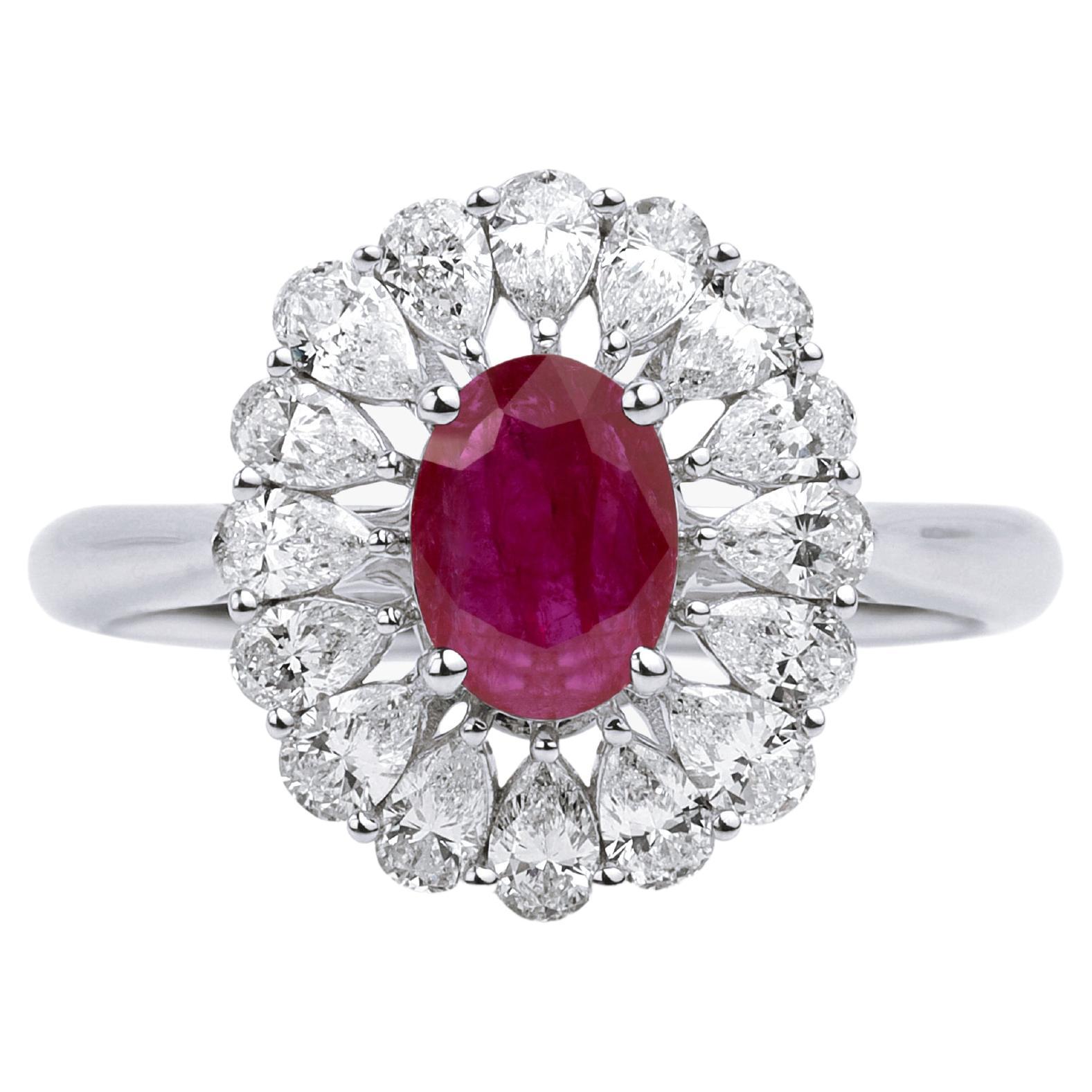 Oval Red Ruby Diamond Pear Cut Halo Cocktail Engagement Ring in White Gold For Sale