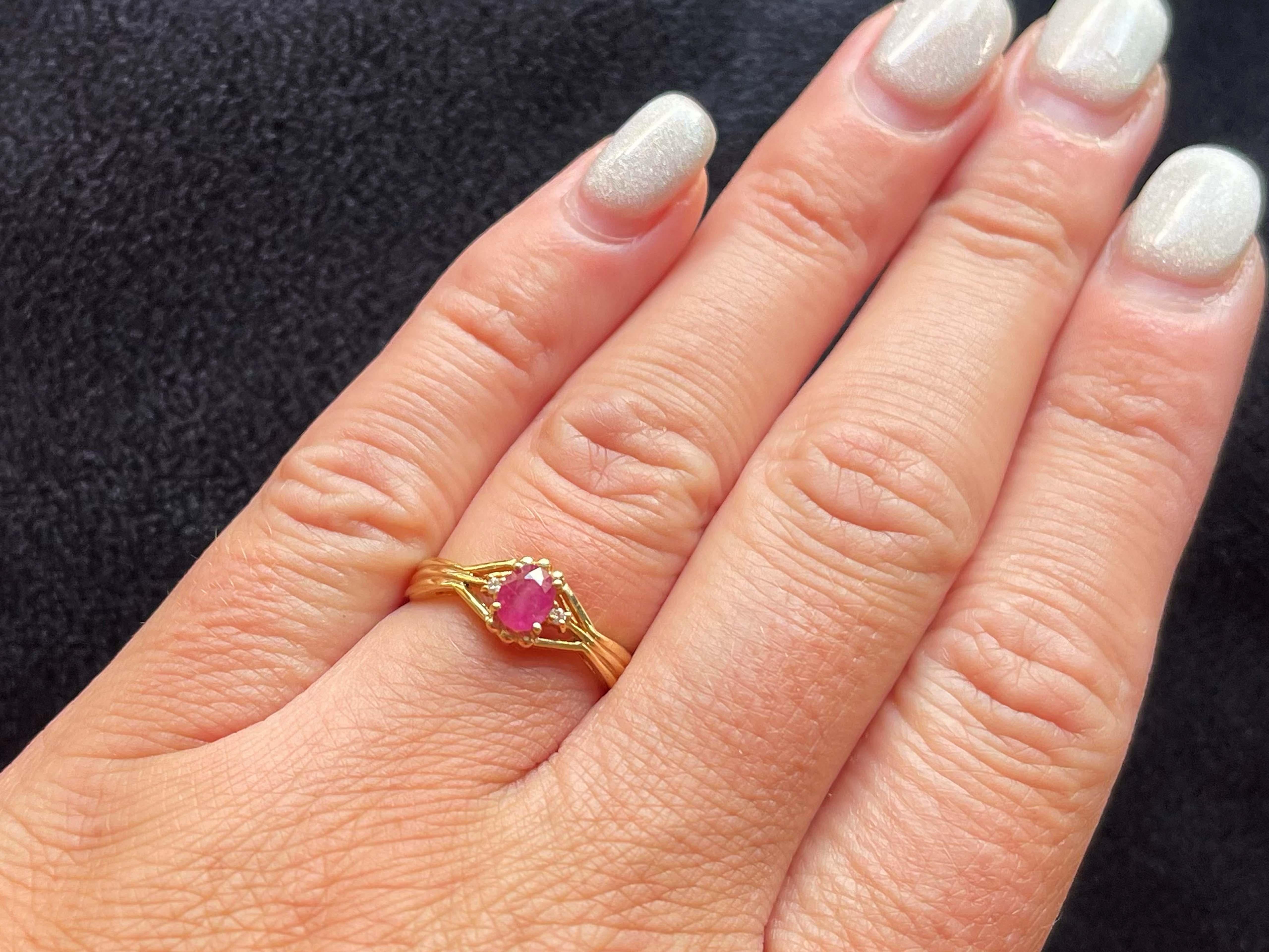 Item Specifications:

Metal: 14K Yellow Gold

Style: Statement Ring

Ring Size: 6.25 (resizing available for a fee)

Total Weight: 2.0 Grams

Gemstone Specifications:

Gemstones: 1 oval red ruby

Ruby Carat Weight: 0.25 carats
​
​Ruby Measurements: