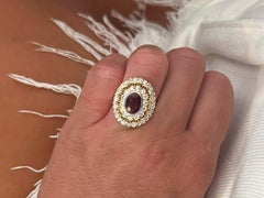 Oval Red Ruby Double Diamond Halo Ring 10k Yellow Gold