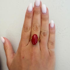 Oval Redish Orange Coral Cabochon 18K Gold Filigree Scrollwork Ring
