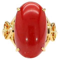 Oval Redish Orange Coral Cabochon 18K Gold Filigree Scrollwork Ring