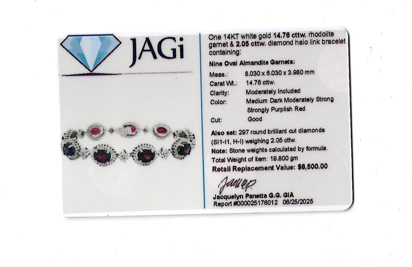 Bracelet à maillons en or blanc 14 carats avec grenat rhodolite ovale et diamant en halo en vente 4