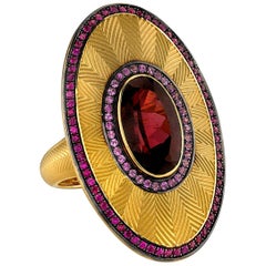 Oval Rhodolite Garnet with Pink Sapphires and Rubies 18k Yellow Gold Ring