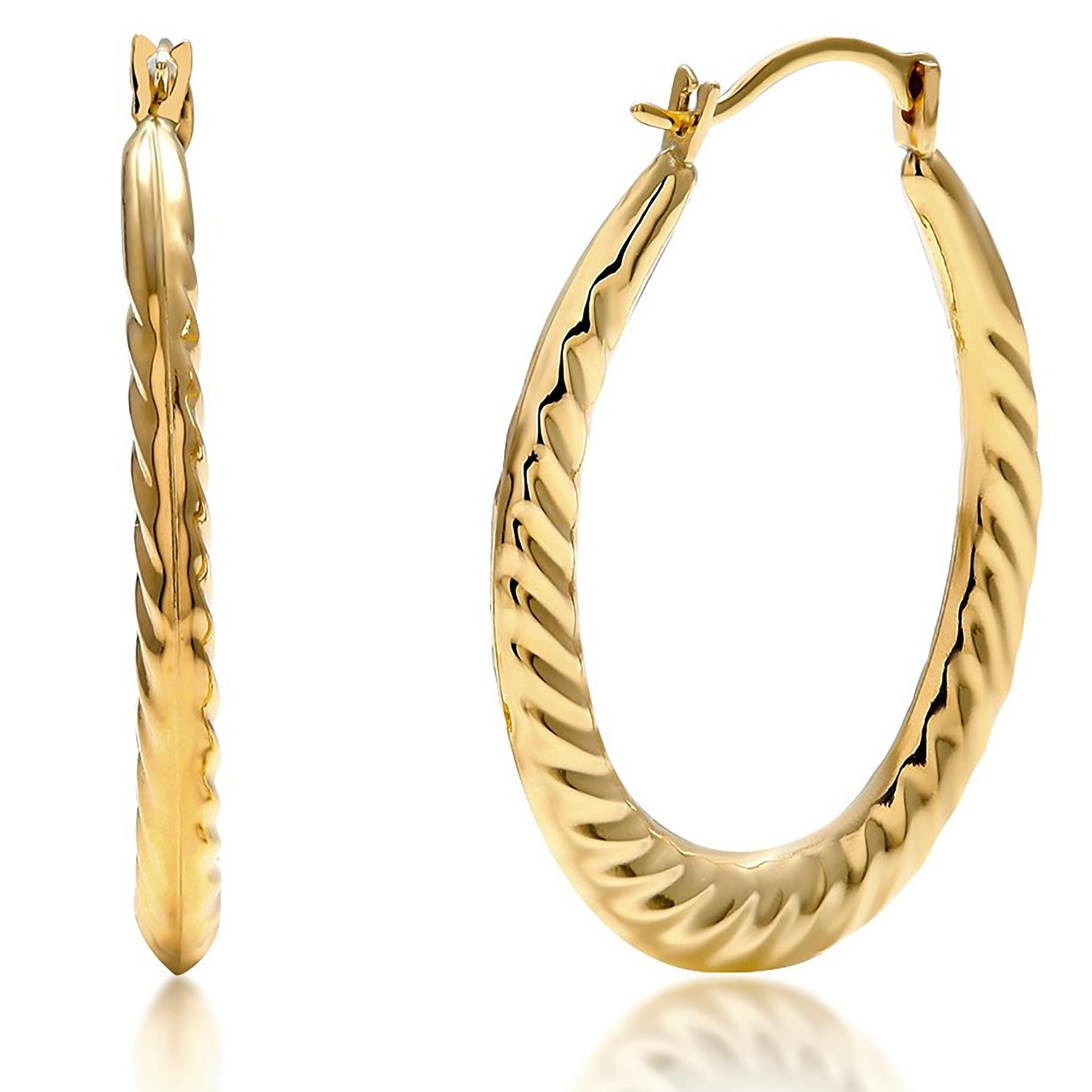 Contemporary Fourteen Karat Yellow Gold Oval Ridged Gold Hoop Earrings Measuring One Inch 
