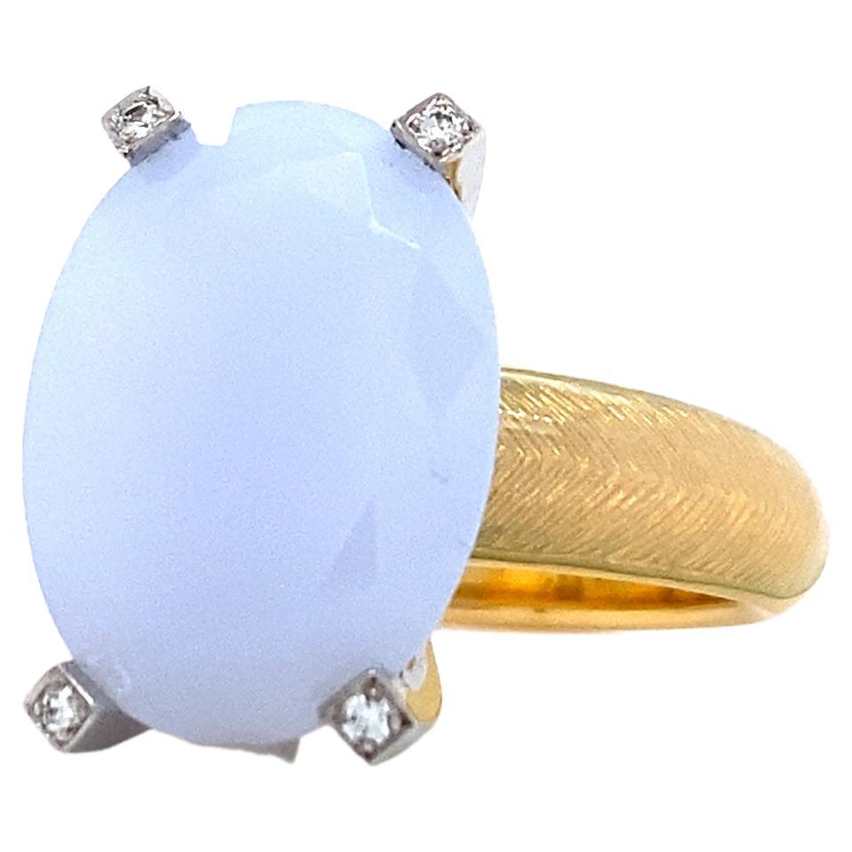 Oval Ring 18k Yellow Gold / White Gold, Opal Vitreous Enamel, 6 Diamonds 0.06 Ct For Sale