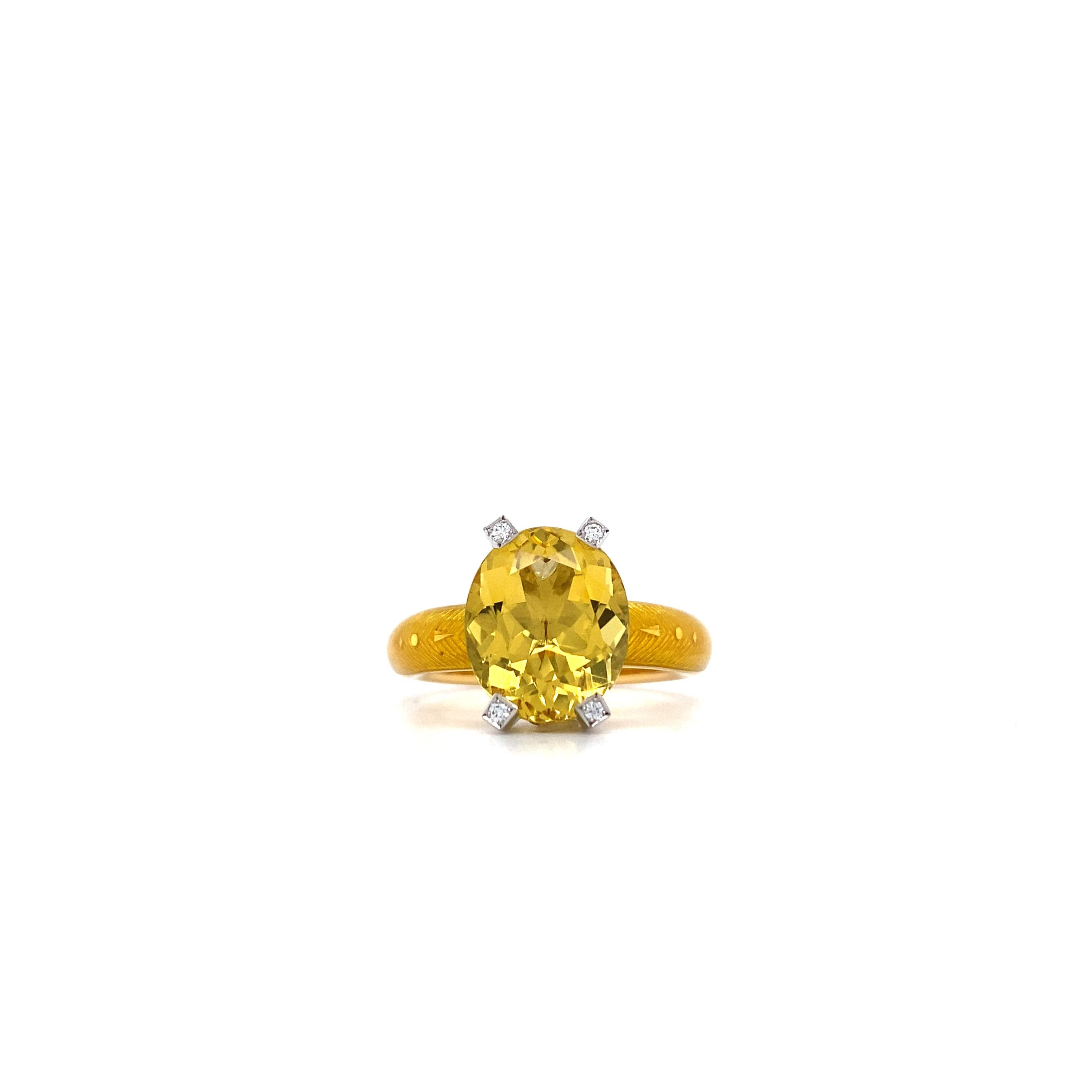 Oval Cut Oval Ring, 18k Yellow White Gold, Vitreous Enamel 6 Diamonds 0.06ct Yellow Beryl For Sale