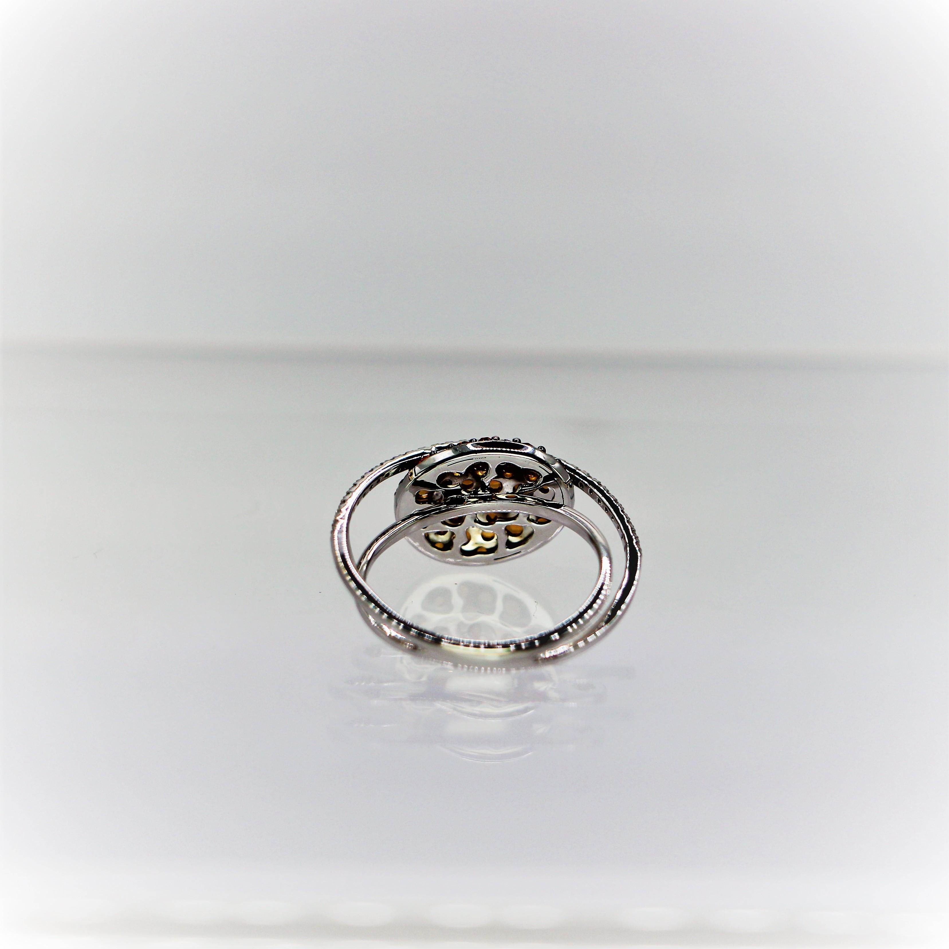 Oval Ring with Brown Diamond Old Cut in 18Kt White Gold with Double Pave Shank  For Sale 4