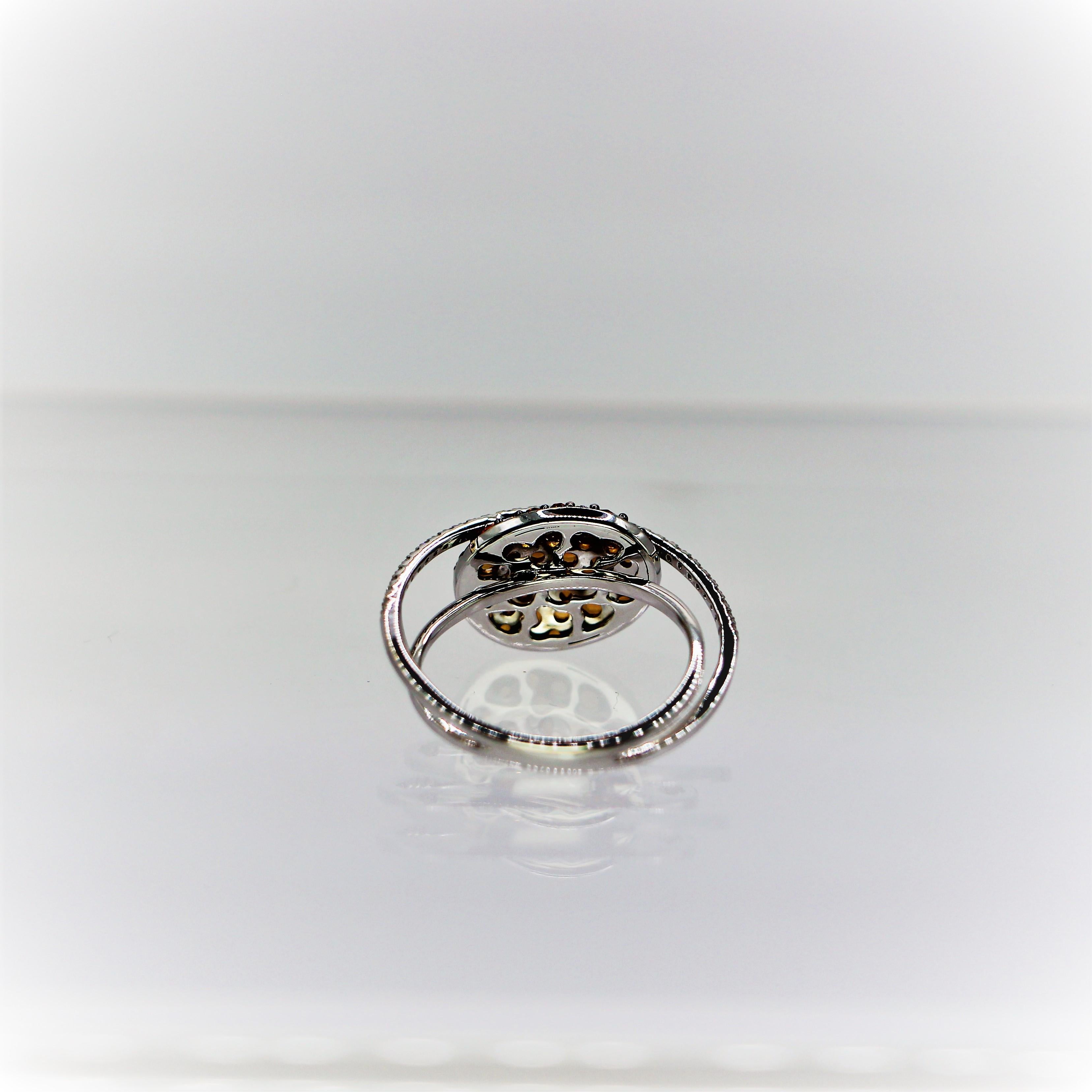 Oval Ring with Brown Diamond Old Cut in 18Kt White Gold with Double Pave Shank For Sale 4