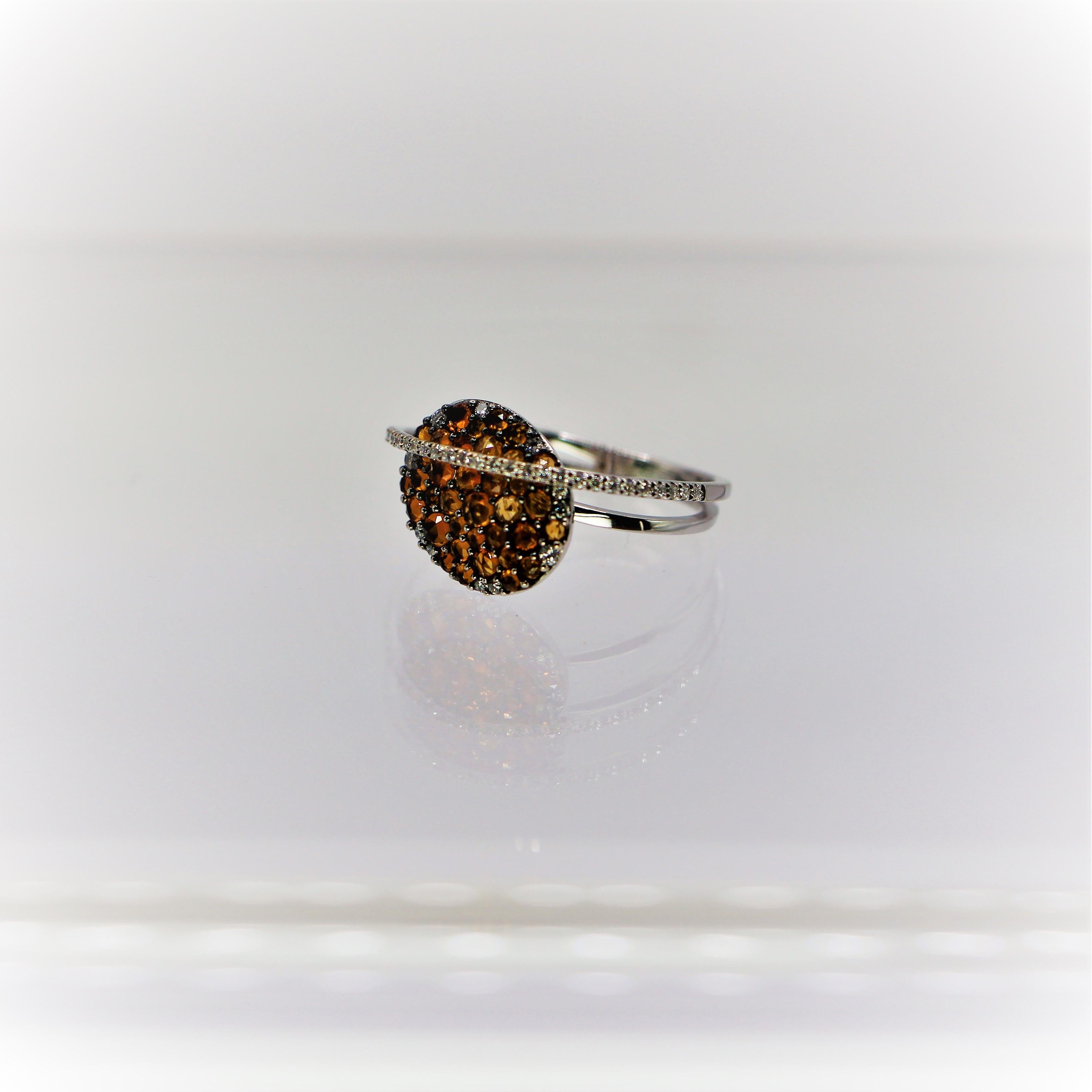 Modern Oval Ring with Brown Diamond Old Cut in 18Kt White Gold with Double Pave Shank For Sale