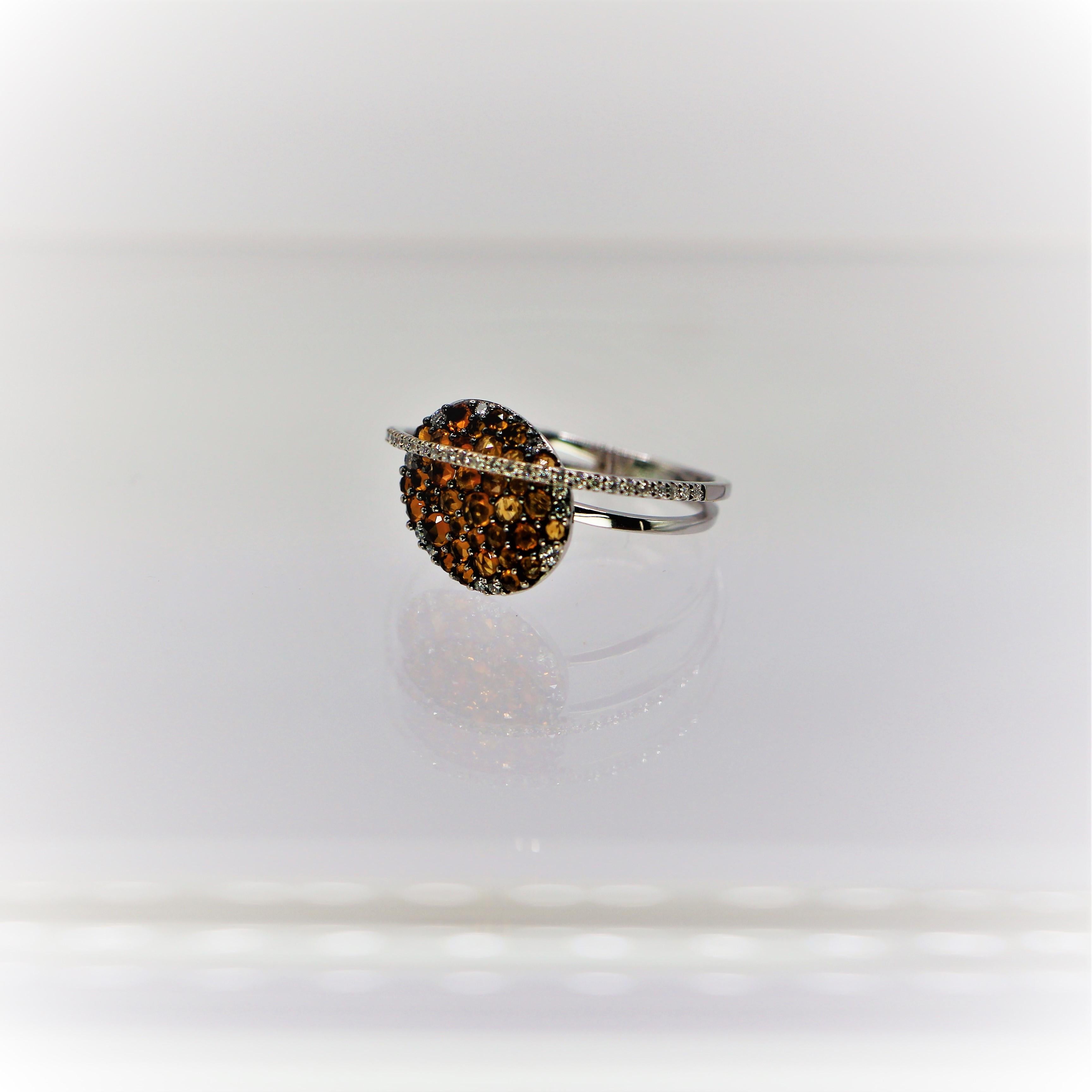 Modern Oval Ring with Brown Diamond Old Cut in 18Kt White Gold with Double Pave Shank  For Sale