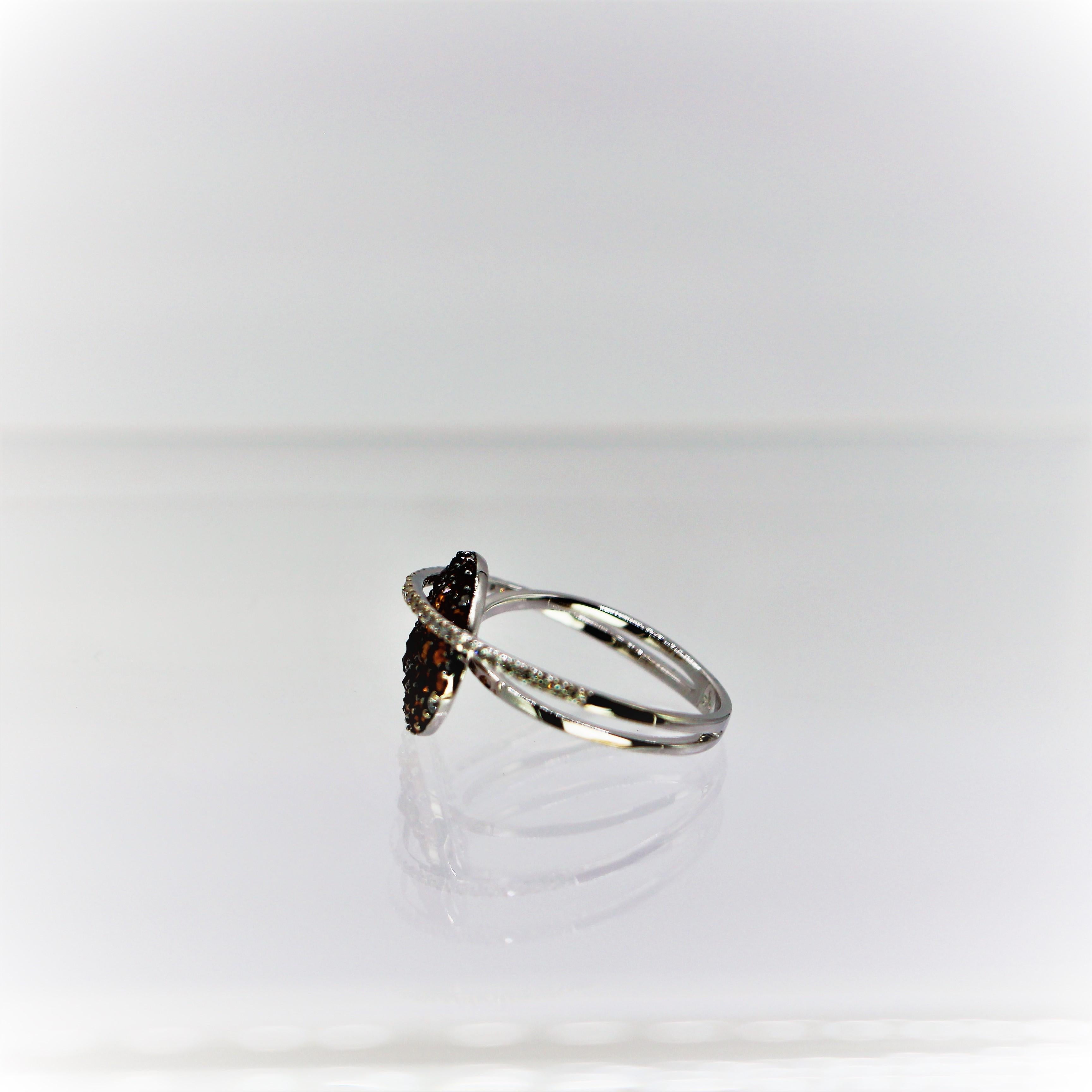 Old European Cut Oval Ring with Brown Diamond Old Cut in 18Kt White Gold with Double Pave Shank  For Sale