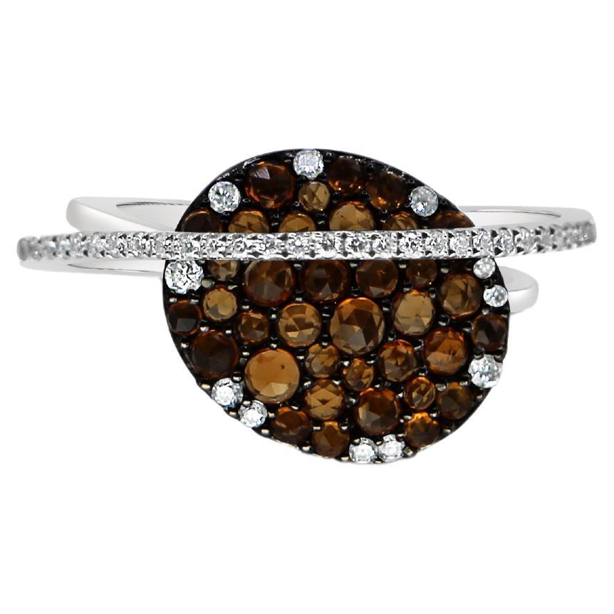 Oval Ring with Brown Diamond Old Cut in 18Kt White Gold with Double Pave Shank 