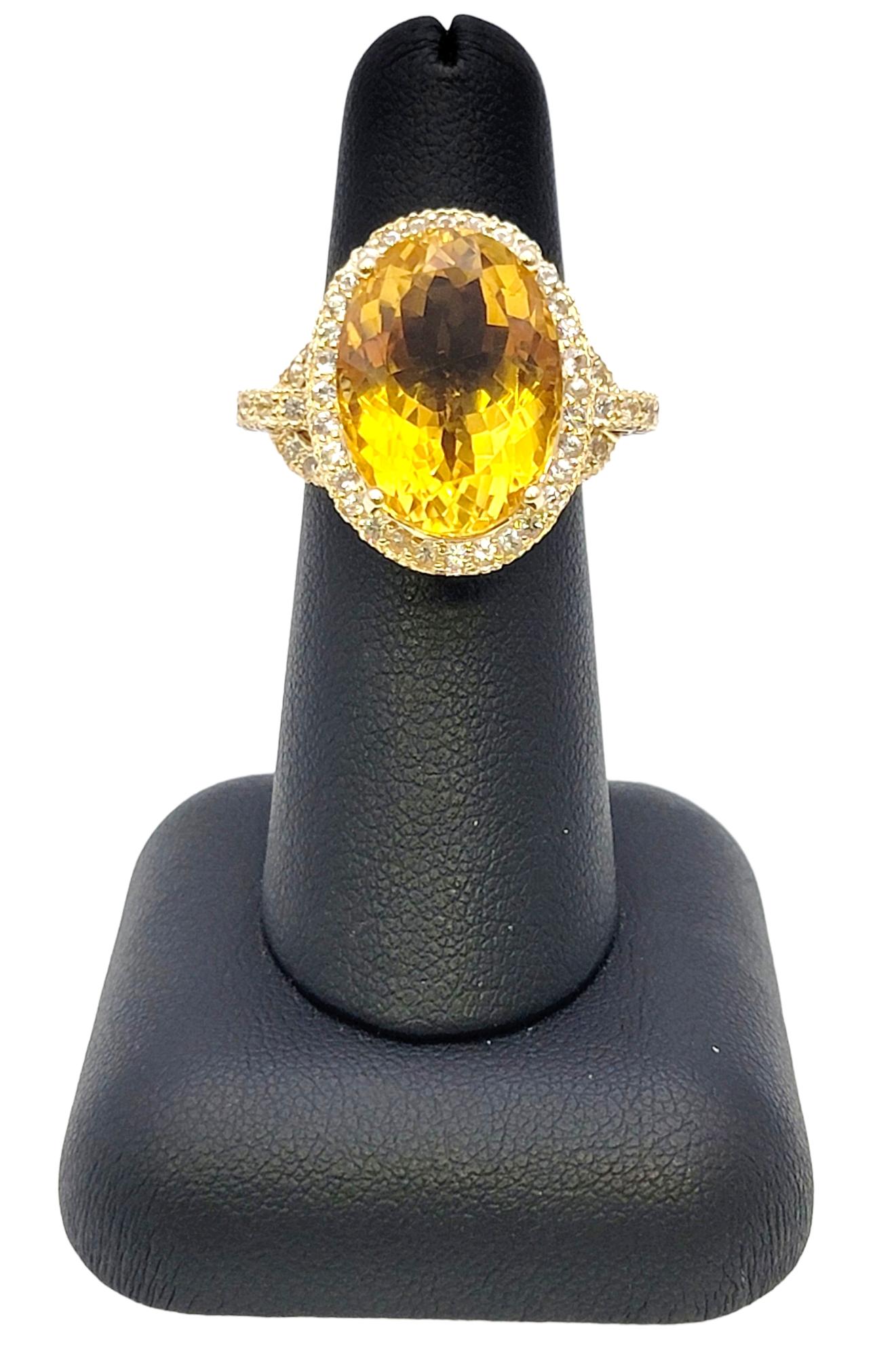 Oval Rocking Natural Citrine and White Sapphire Halo Yellow Gold Cocktail Ring For Sale 6