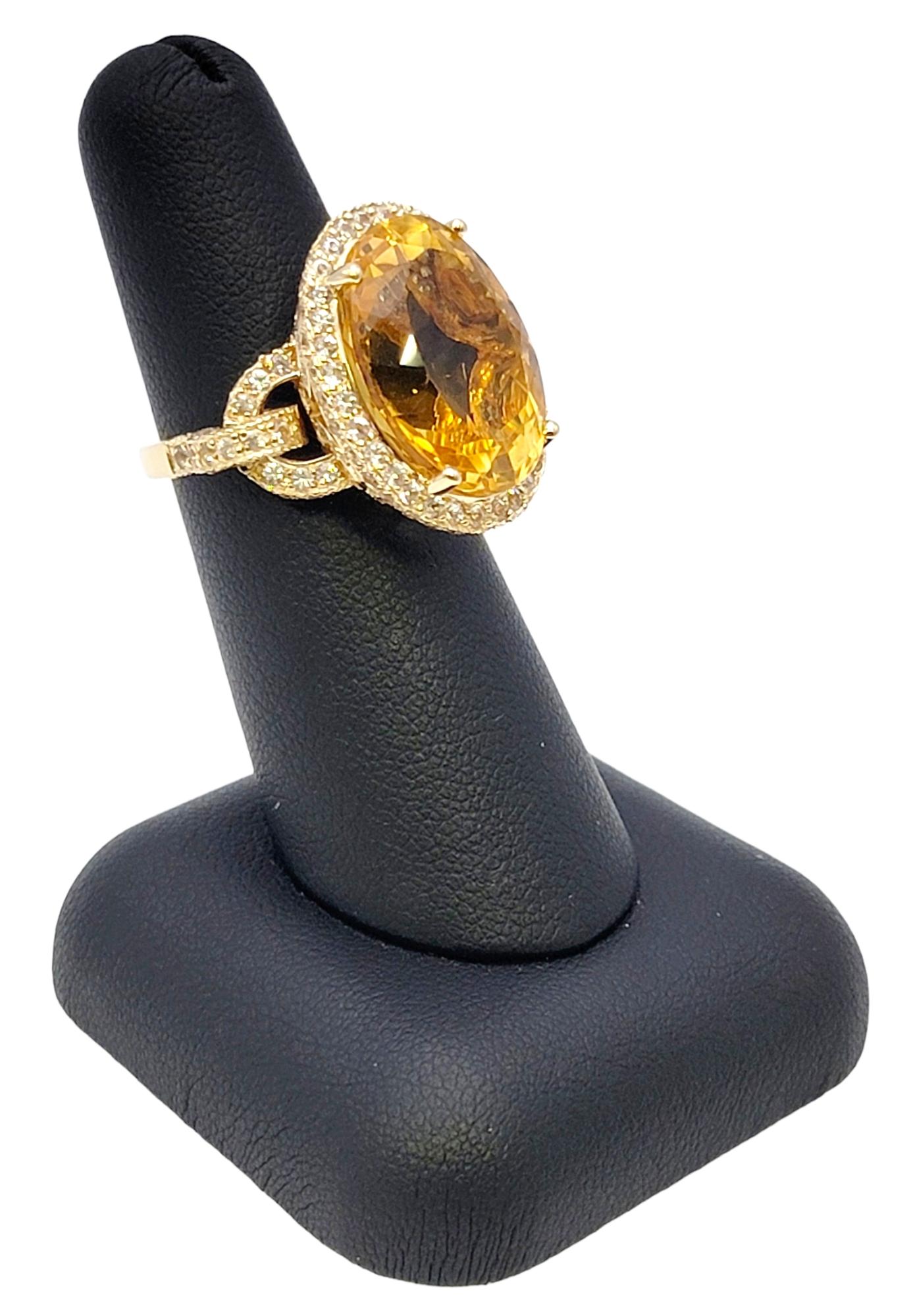 Oval Rocking Natural Citrine and White Sapphire Halo Yellow Gold Cocktail Ring For Sale 7