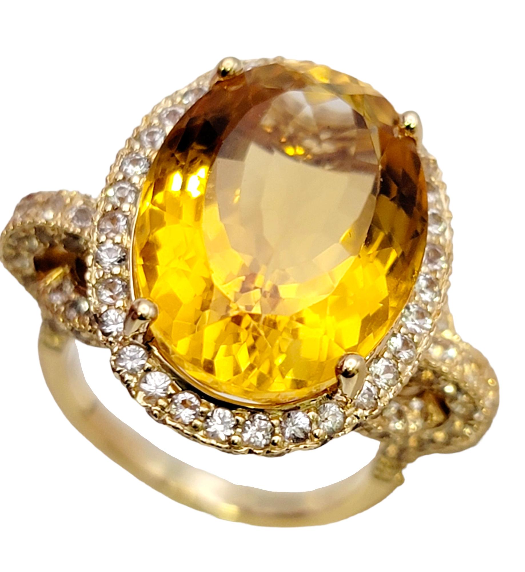 Contemporary Oval Rocking Natural Citrine and White Sapphire Halo Yellow Gold Cocktail Ring For Sale