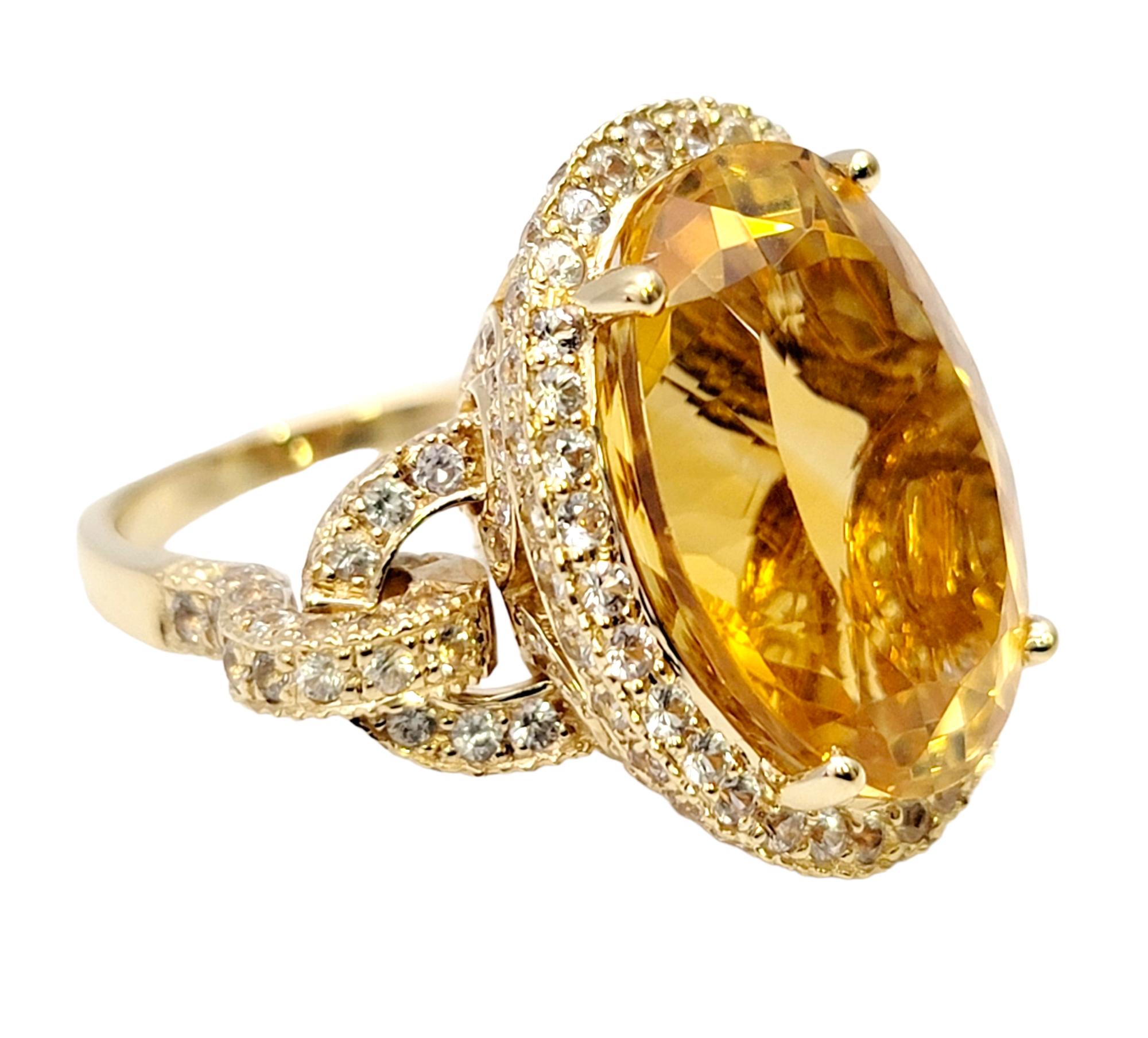 Oval Cut Oval Rocking Natural Citrine and White Sapphire Halo Yellow Gold Cocktail Ring For Sale