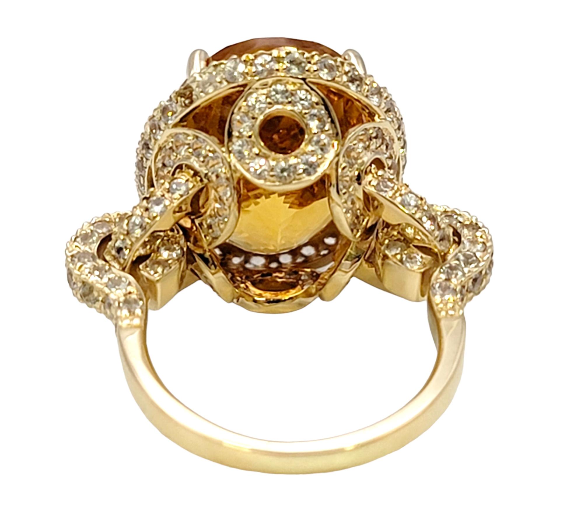 Oval Rocking Natural Citrine and White Sapphire Halo Yellow Gold Cocktail Ring For Sale 1