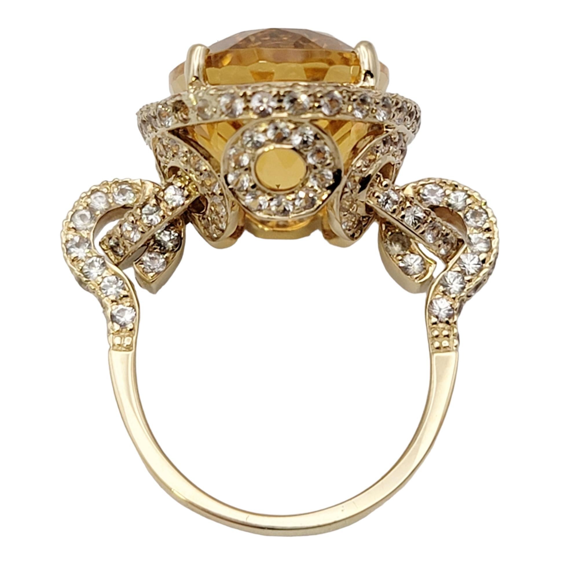 Oval Rocking Natural Citrine and White Sapphire Halo Yellow Gold Cocktail Ring For Sale 2