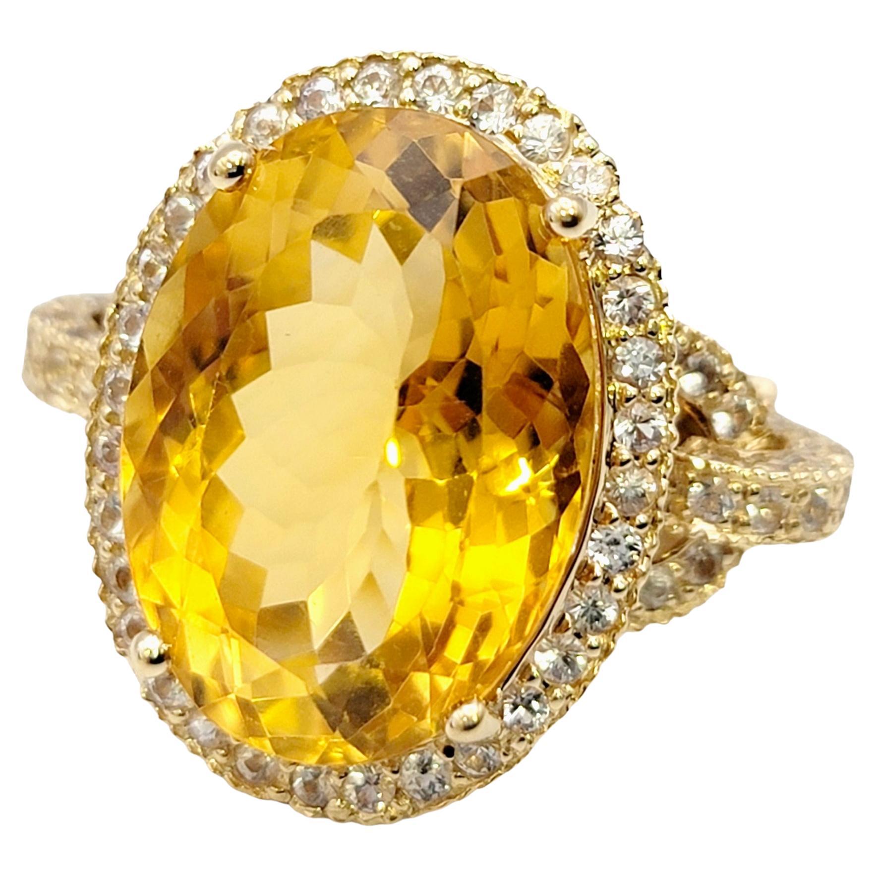 Oval Rocking Natural Citrine and White Sapphire Halo Yellow Gold Cocktail Ring For Sale