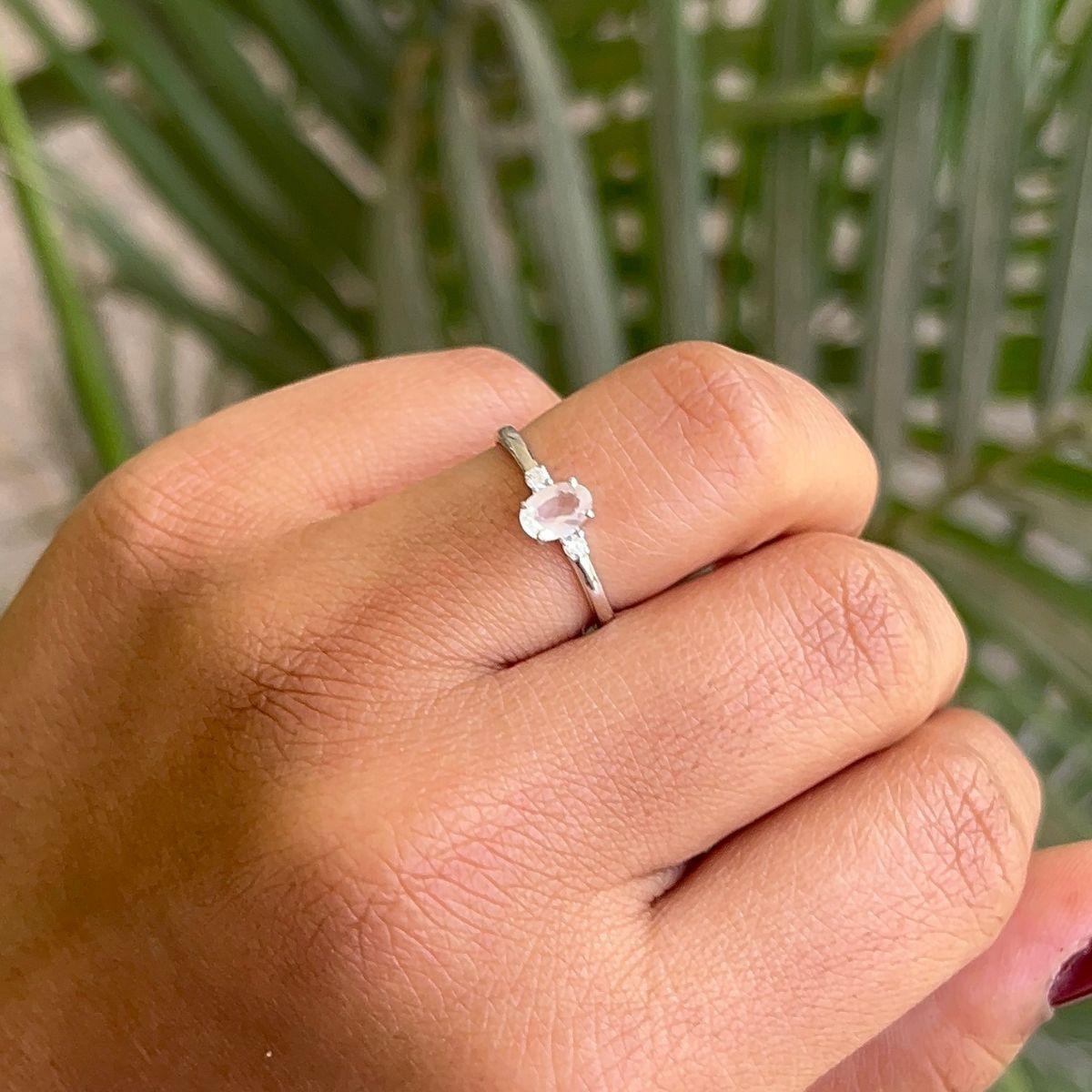 For Sale:  Oval Rose Quartz & CZ Single Stone Ring in 925 Sterling Silver for Girlfriend 2