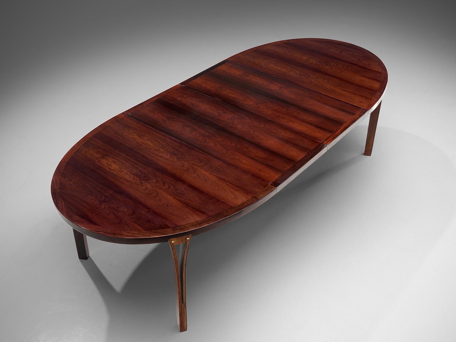 Mid-Century Modern Oval Rosewood Dining Table with Brass Details